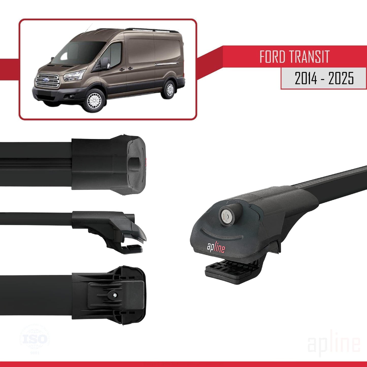 Compatible avec Ford Transit 2014-2025 ACE-1 Barres de Toit Railing Porte-Bagages de Voiture Noir Aluminium 4 Barres