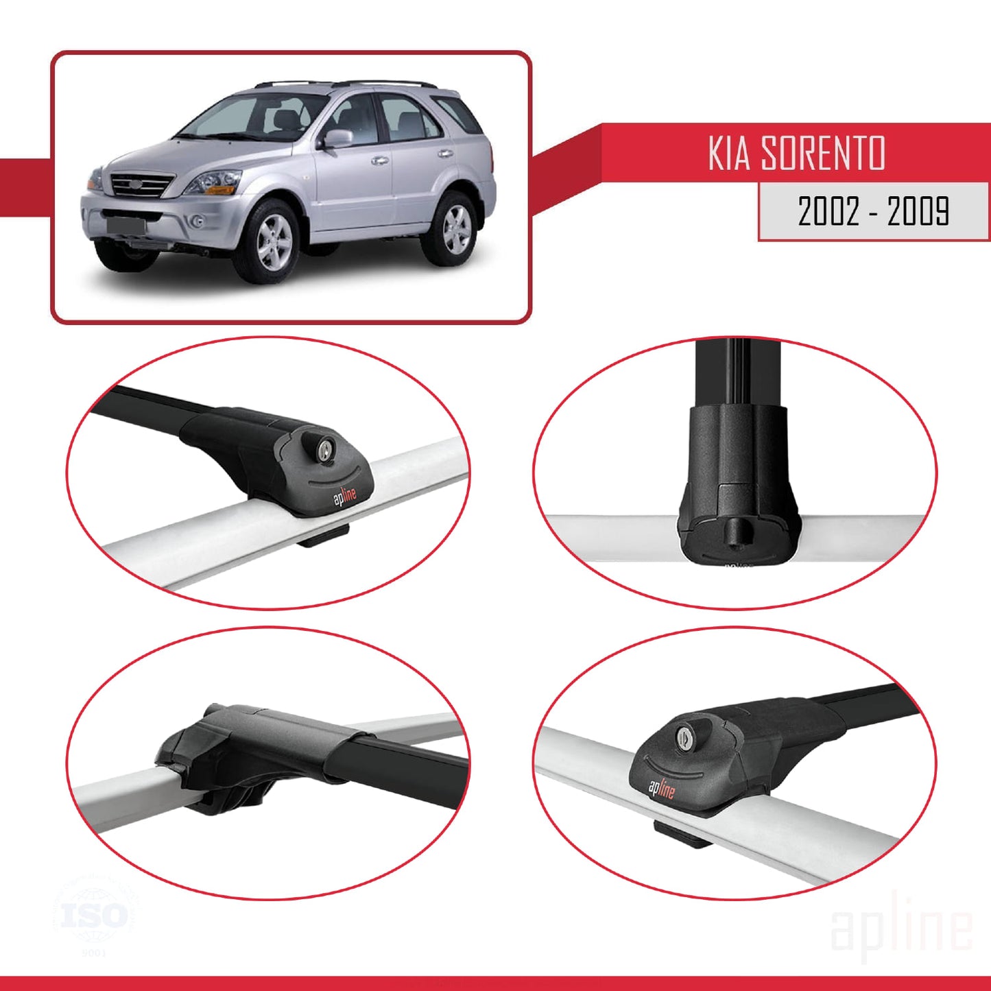 Compatible avec Kia Sorento (BL) 2002-2009 ACE-1 Barres de Toit Railing Porte-Bagages de Voiture Noir Aluminium 2 Barres