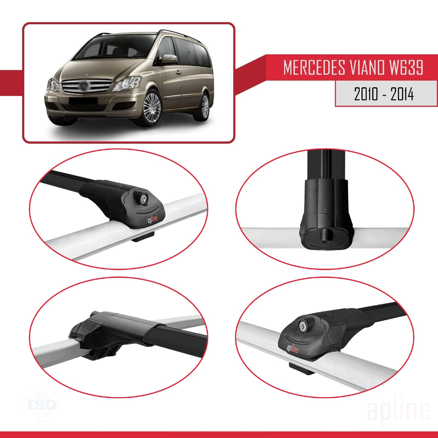 Compatible avec Mercedes Viano 2 (W639) Post-Facelift 2010-2014 ACE-1 Barres de Toit Railing Porte-Bagages de Voiture Noir Aluminium 2 Barres