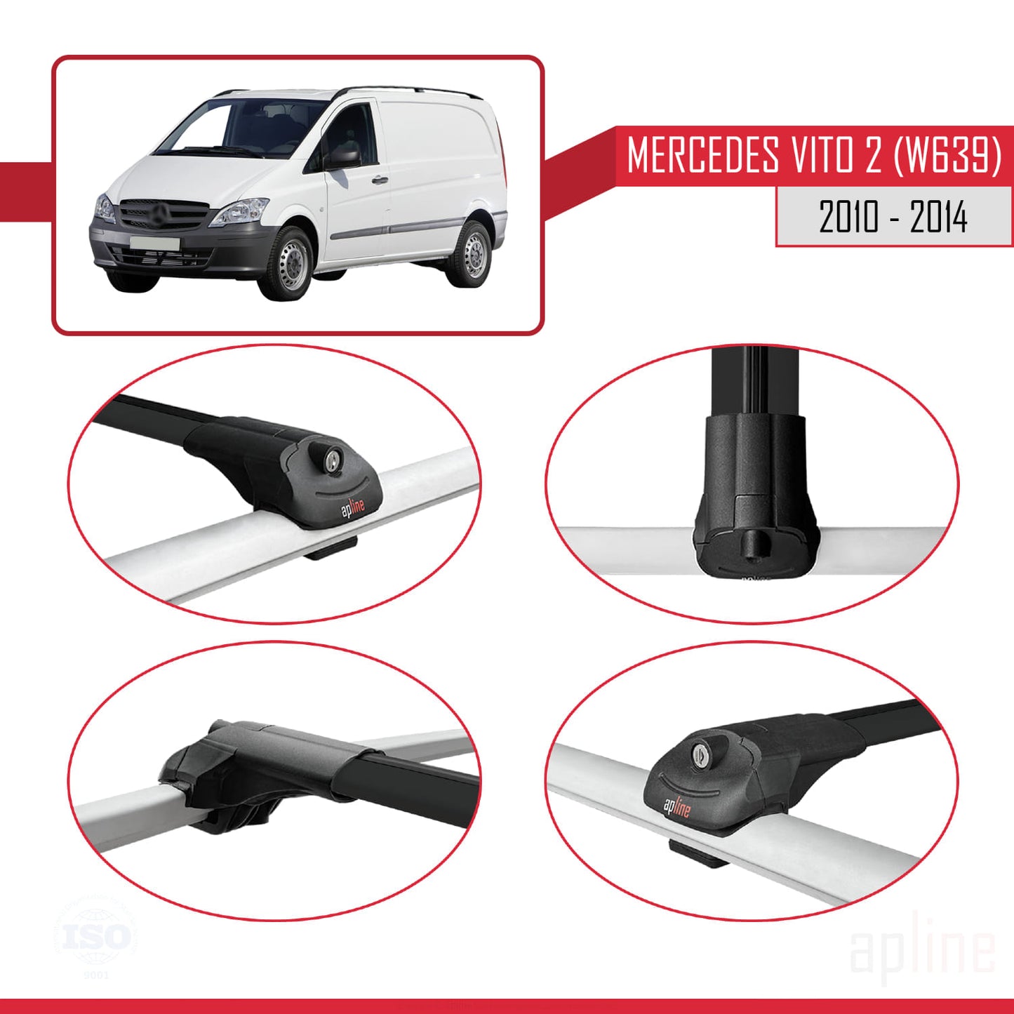Compatible avec Mercedes Vito 2 (W639) Post-Facelift 2010-2014 ACE-1 Barres de Toit Railing Porte-Bagages de Voiture Noir Aluminium 2 Barres