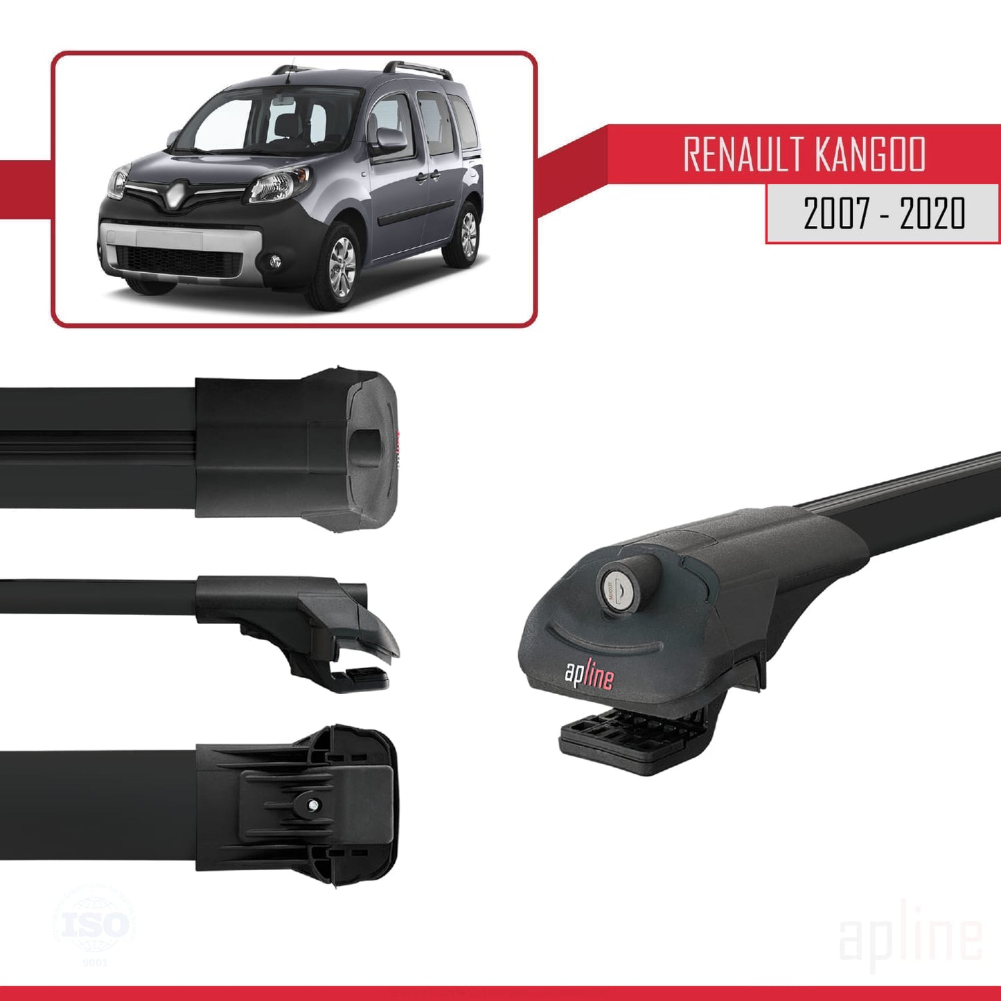 Compatible avec Renault Kangoo 2 (X61) 2007-2020 ACE-1 Barres de Toit Railing Porte-Bagages de Voiture Noir Aluminium 3 Barres