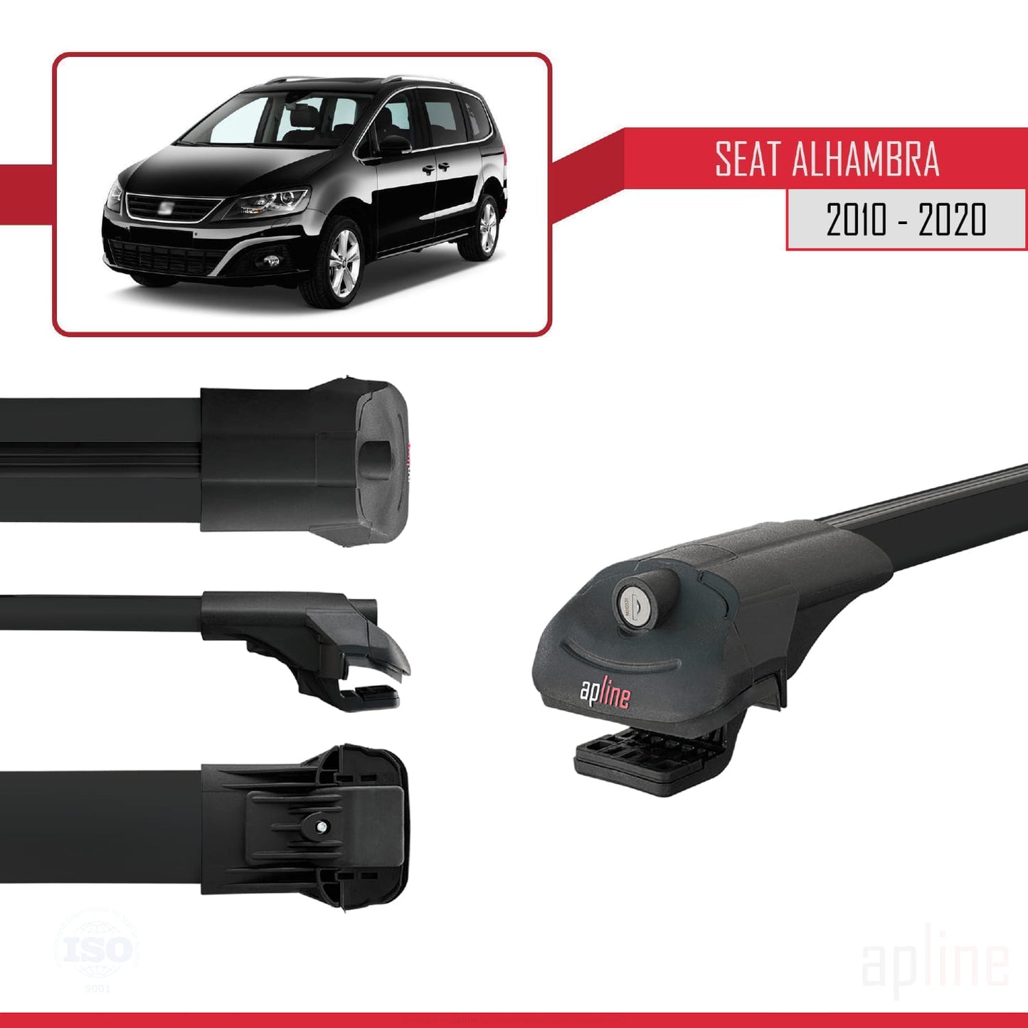 Compatible avec Seat Alhambra 2 (7N) 2010-2020 ACE-1 Barres de Toit Railing Porte-Bagages de Voiture Noir Aluminium 3 Barres