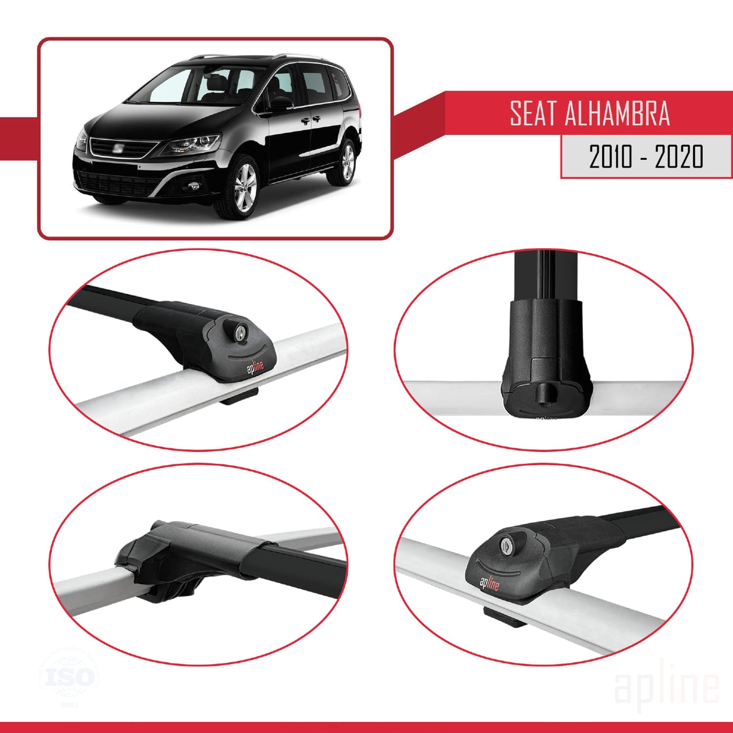 Compatible avec Seat Alhambra 2 (7N) 2010-2020 ACE-1 Barres de Toit Railing Porte-Bagages de Voiture Noir Aluminium 3 Barres