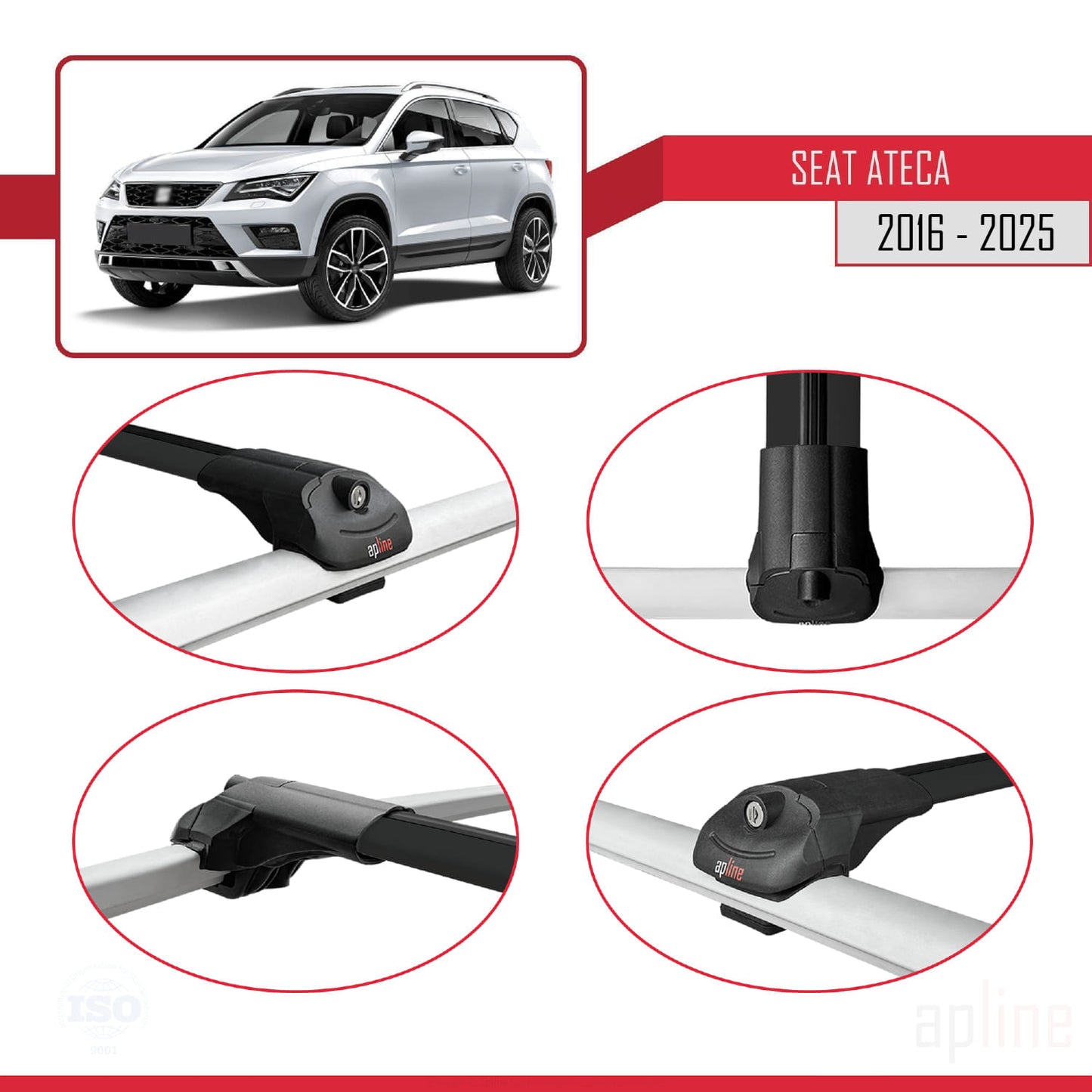 Compatible avec Seat Ateca (KH7) 2016-2025 ACE-1 Barres de Toit Railing Porte-Bagages de Voiture Noir Aluminium 2 Barres