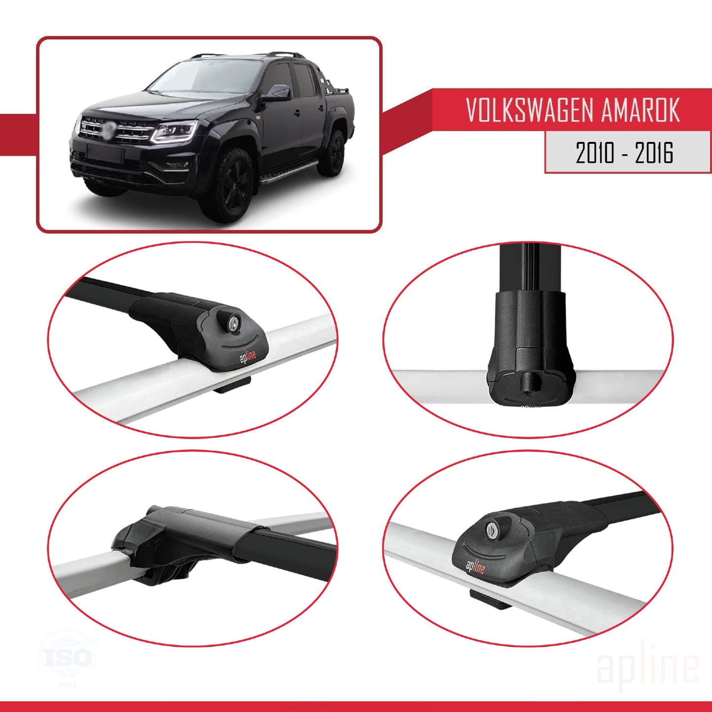 Compatible avec Volkswagen Amarok (2F) Pre-Facelift 2010-2016 ACE-1 Barres de Toit Railing Porte-Bagages de Voiture Noir Aluminium 2 Barres