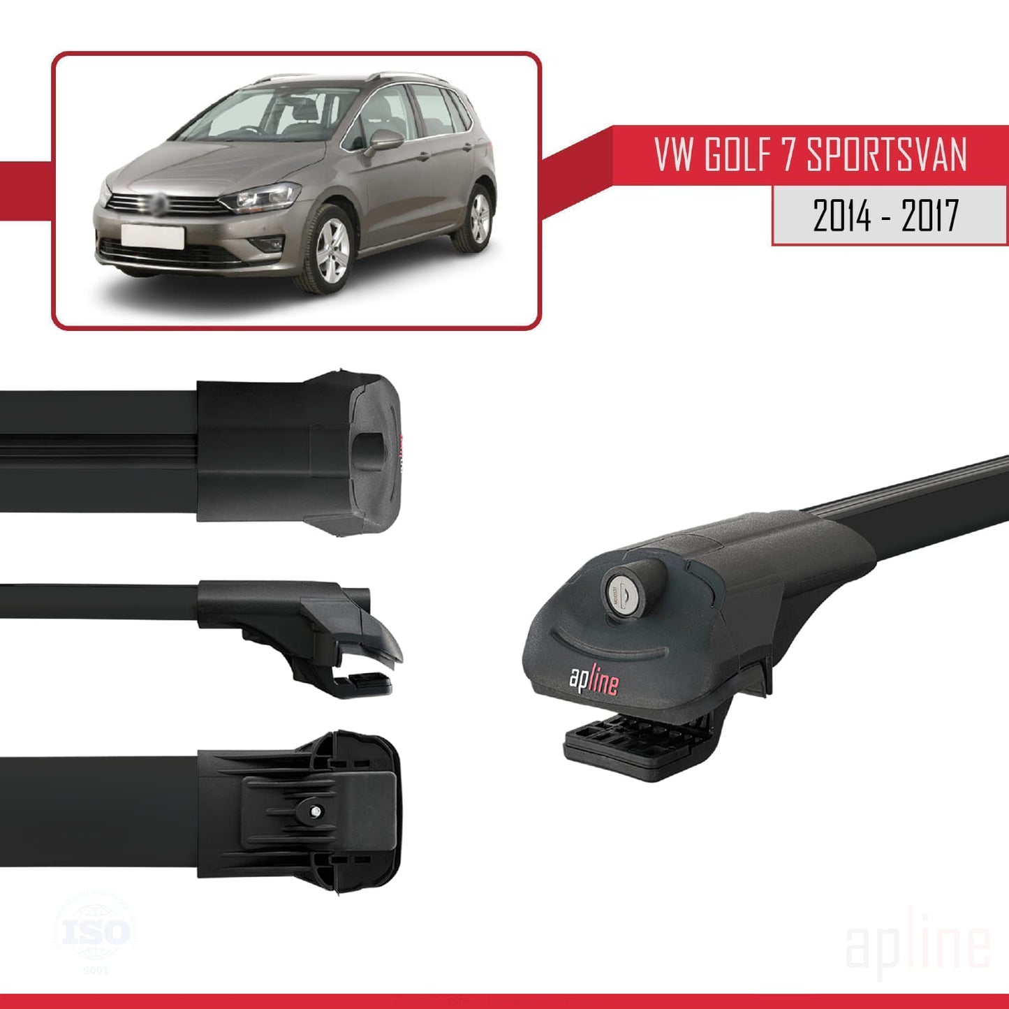 Compatible avec Volkswagen Golf Sportvan 2014-2017 ACE-1 Barres de Toit Railing Porte-Bagages de Voiture Noir Aluminium 3 Barres