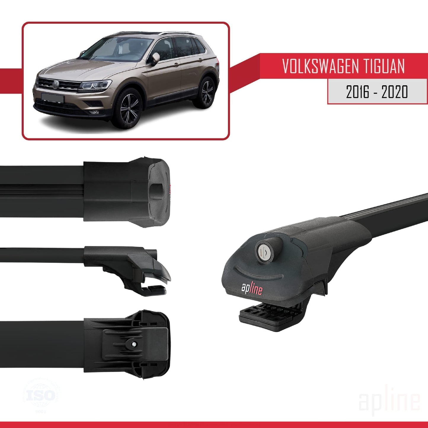 Compatible avec Volkswagen Tiguan 2 (AD1) Pre-Facelift 2016-2020 ACE-1 Barres de Toit Railing Porte-Bagages de Voiture Noir Aluminium 3 Barres