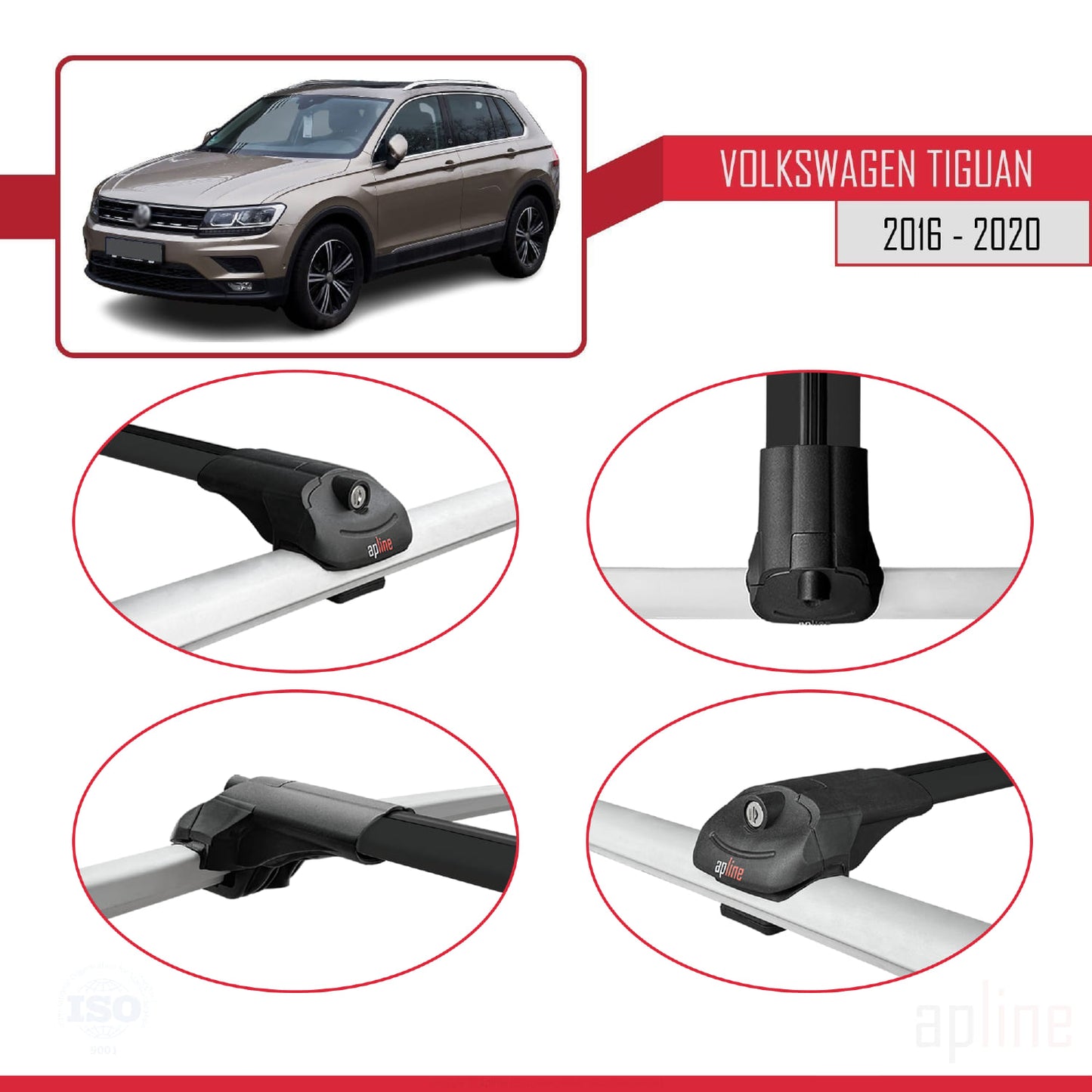 Compatible avec Volkswagen Tiguan 2 (AD1) Pre-Facelift 2016-2020 ACE-1 Barres de Toit Railing Porte-Bagages de Voiture Noir Aluminium 3 Barres