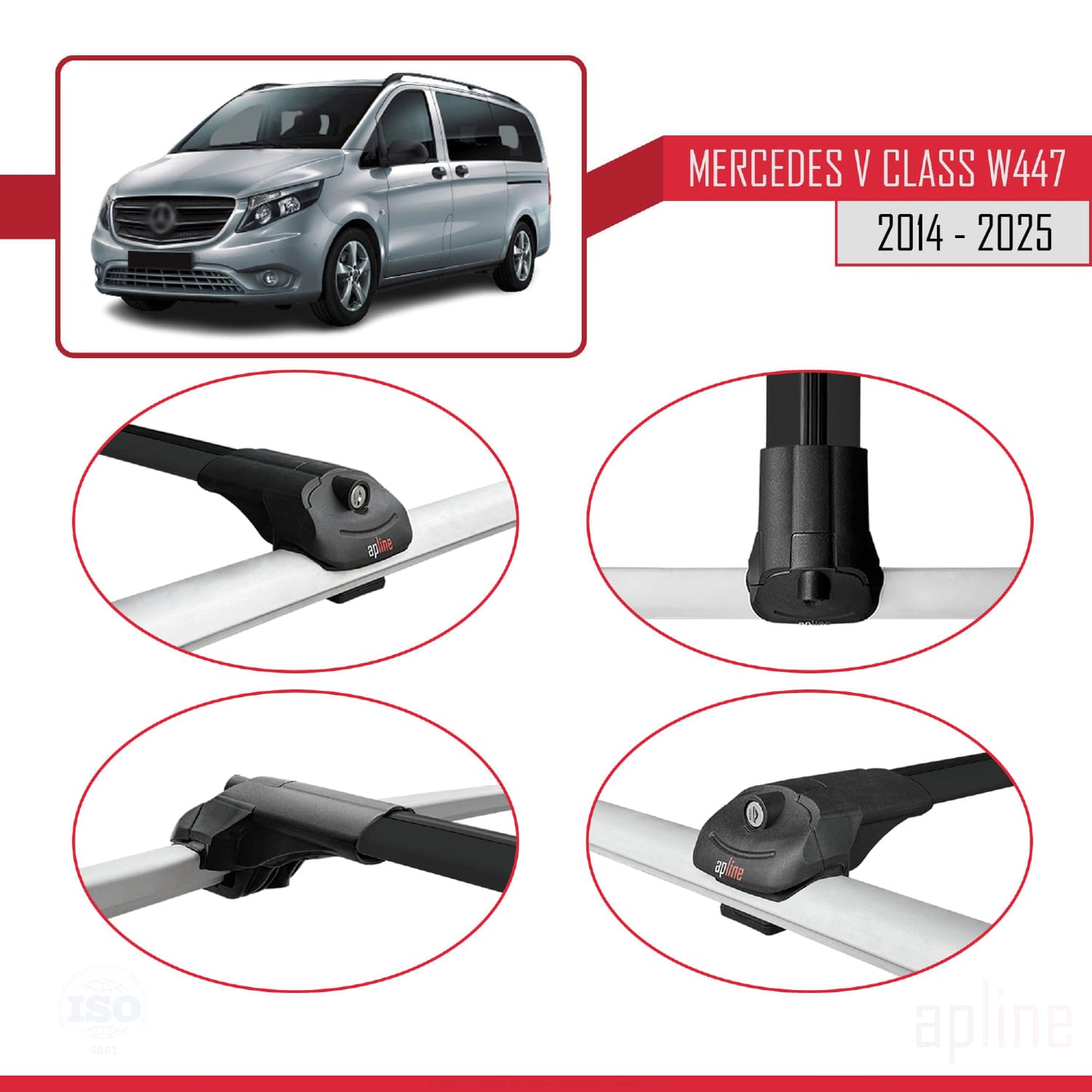 Compatible avec Mercedes Classe V 3 (W447) 2014-2025 ACE-1 Barres de Toit Railing Porte-Bagages de Voiture Noir Aluminium 3 Barres