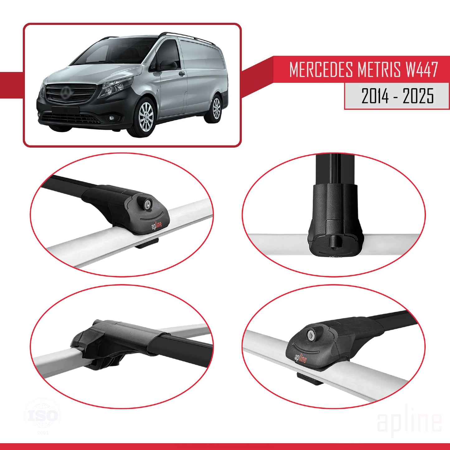 Compatible avec Mercedes Metris (W447) 2014-2025 ACE-1 Barres de Toit Railing Porte-Bagages de Voiture Noir Aluminium 3 Barres
