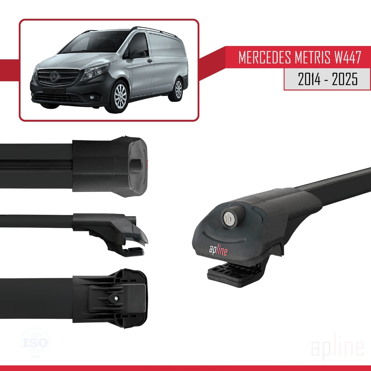 Compatible avec Mercedes Metris (W447) 2014-2025 ACE-1 Barres de Toit Railing Porte-Bagages de Voiture Noir Aluminium 4 Barres