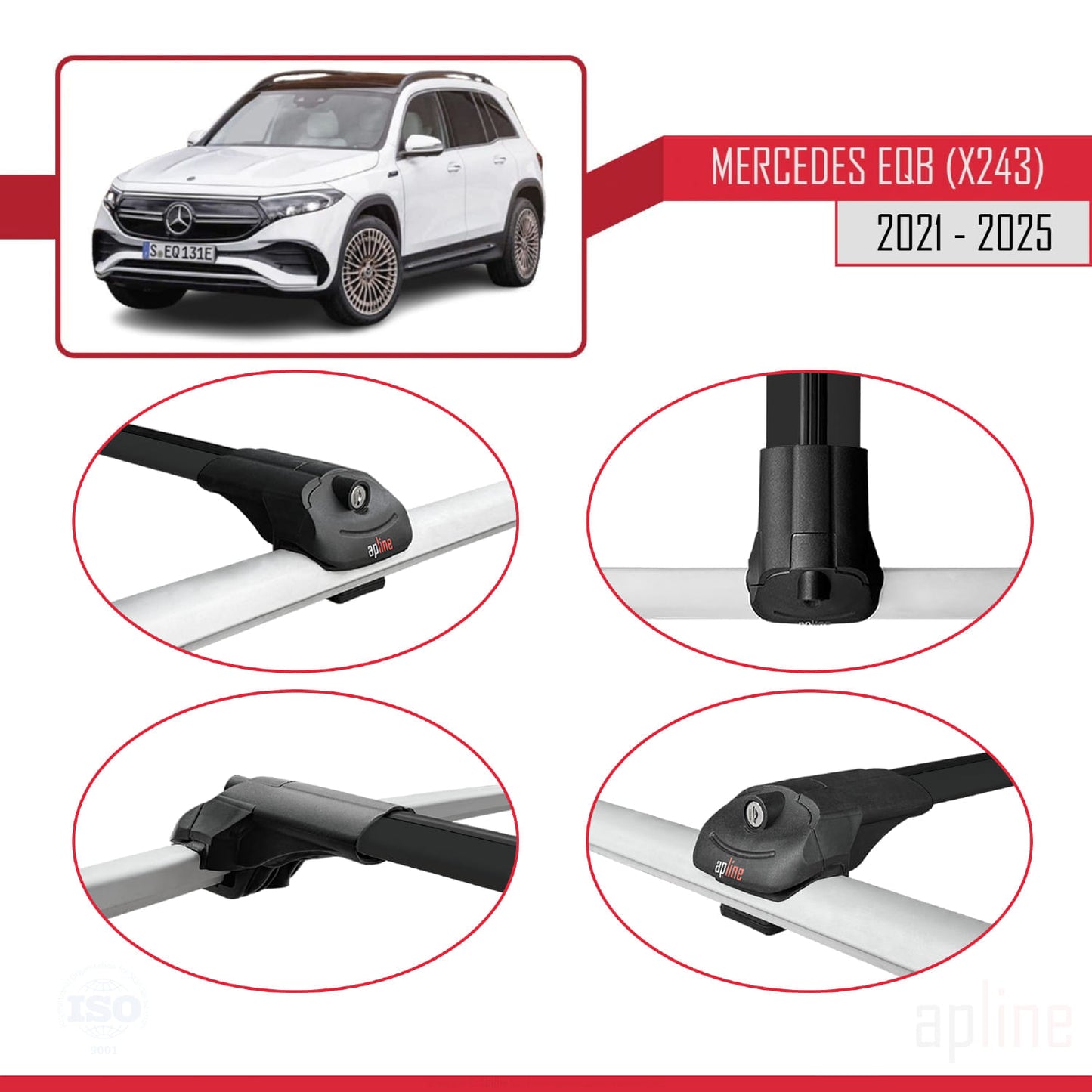 Compatible avec Mercedes EQB (X243) 2021-2025 ACE-1 Barres de Toit Railing Porte-Bagages de Voiture Noir Aluminium 2 Barres