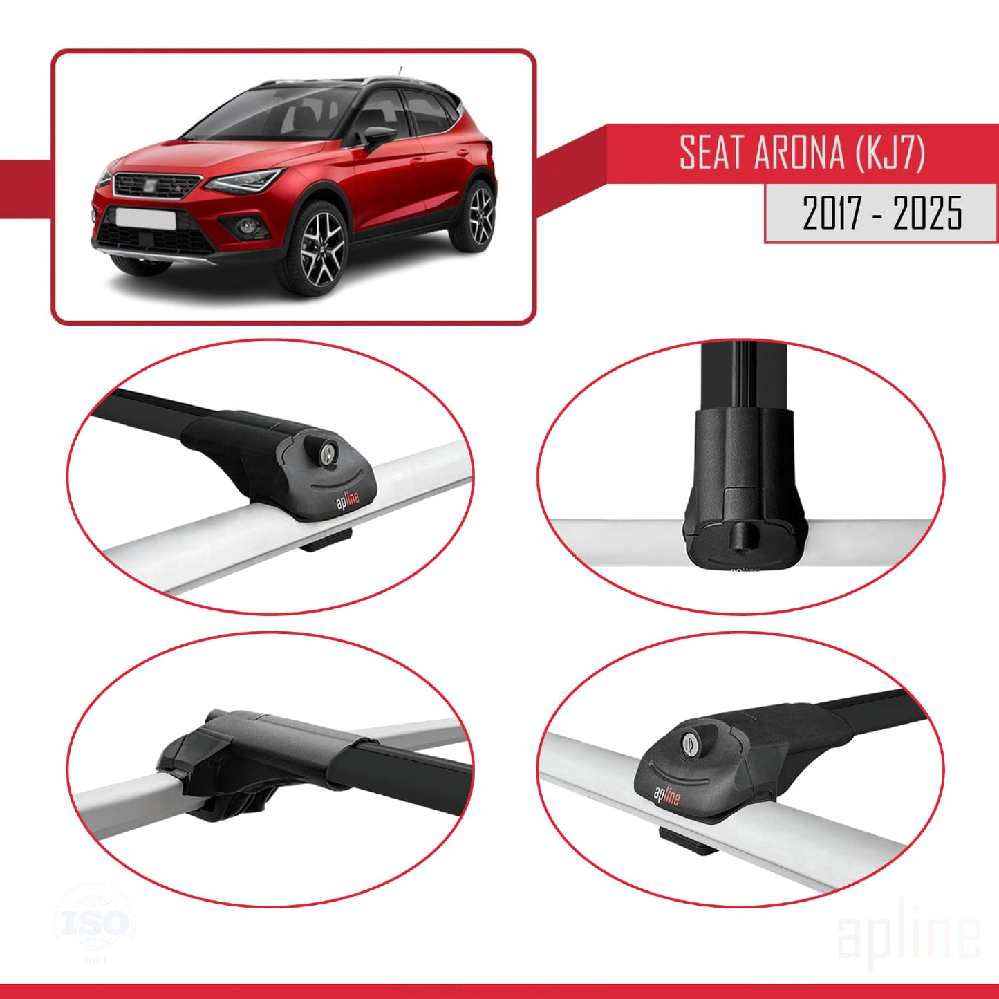 Compatible with Seat Arona (KJ7) 2017-2025 ACE-1 Car Roof Rack Cross Bar Black Aluminium 3 Bars
