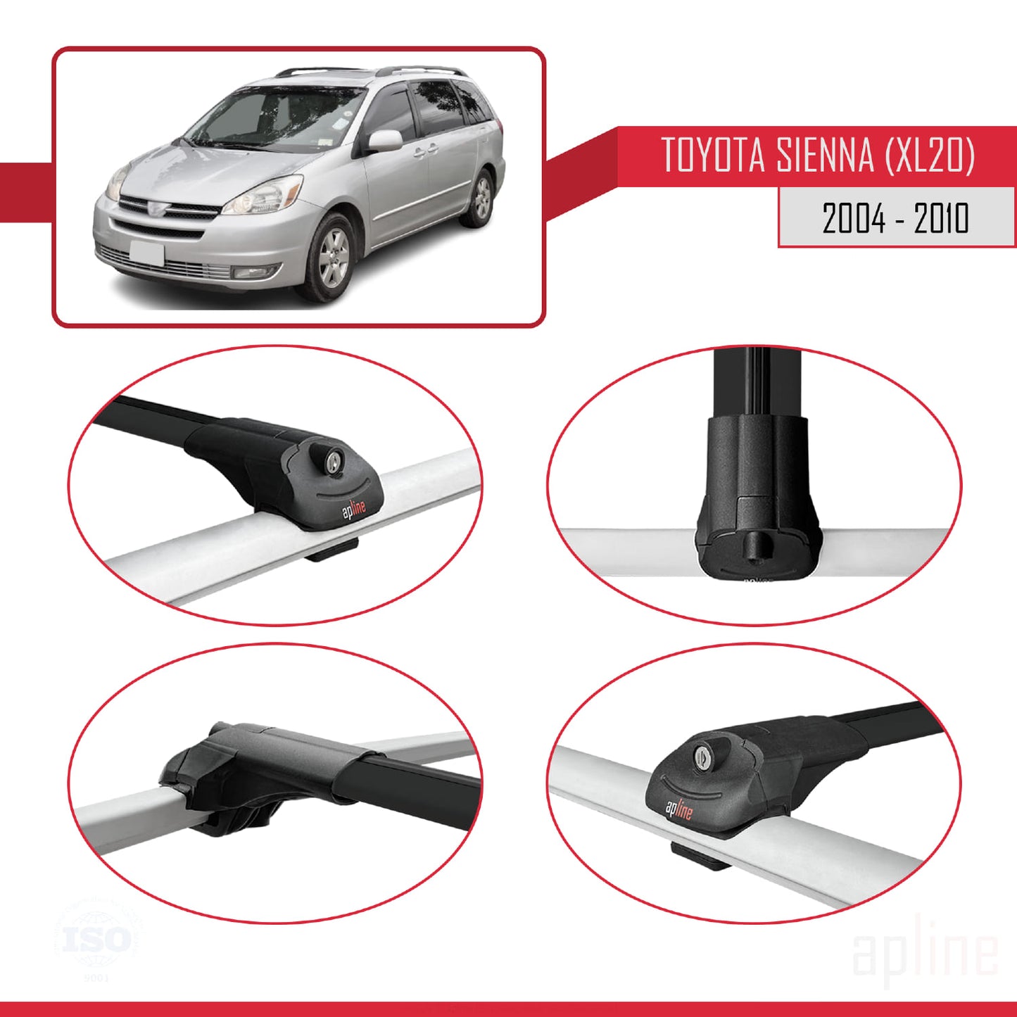 Compatible avec Toyota Sienna 2 (XL20) 2004-2010 ACE-1 Barres de Toit Railing Porte-Bagages de Voiture Noir Aluminium 2 Barres