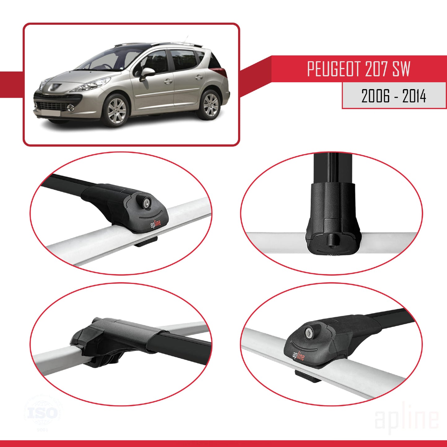 Compatible avec Peugeot 207 Break 2006-2014 ACE-1 Barres de Toit Railing Porte-Bagages de Voiture Noir Aluminium 2 Barres