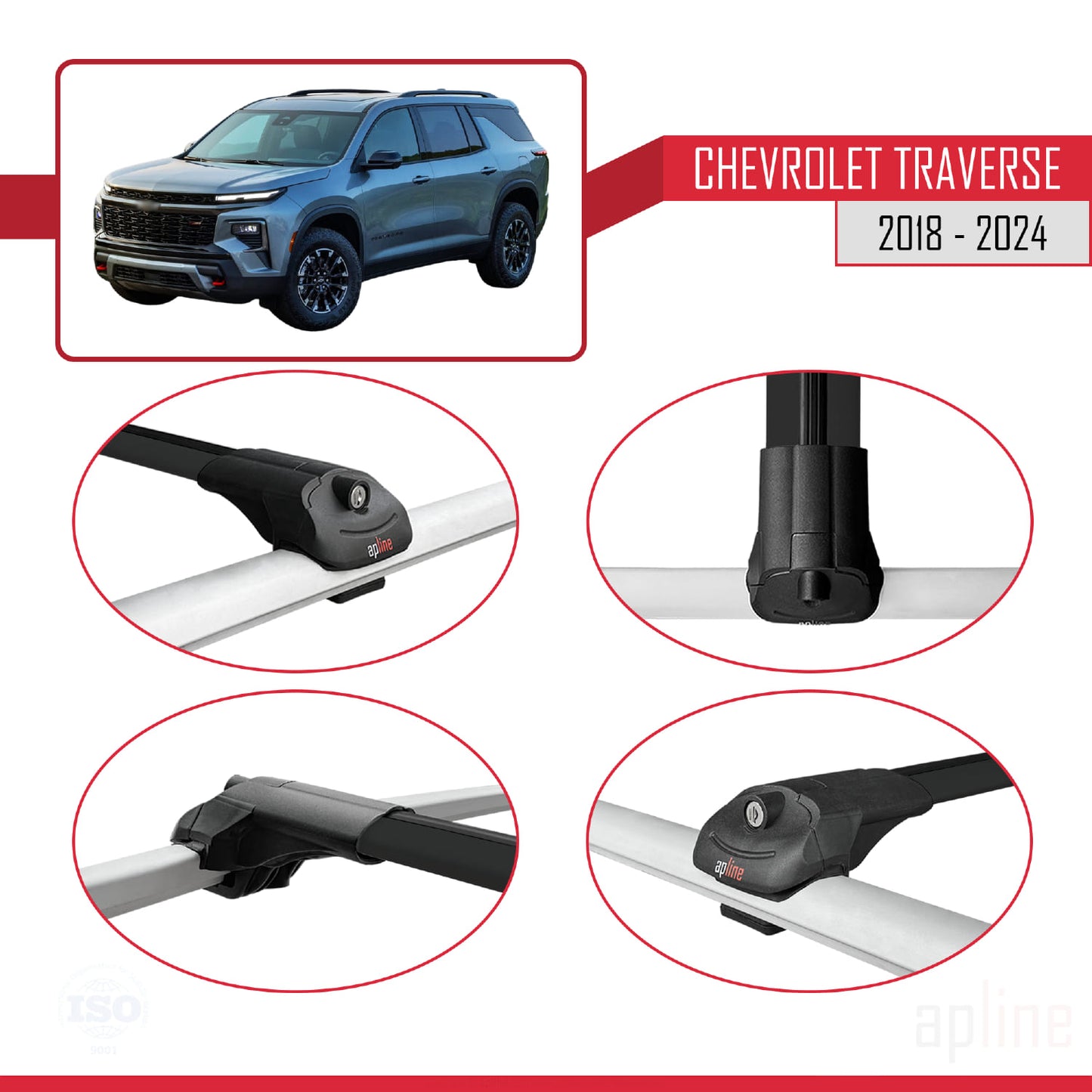 Compatible avec Chevrolet Traverse 2018-2024 ACE-1 Barres de Toit Railing Porte-Bagages de Voiture Noir Aluminium 2 Barres