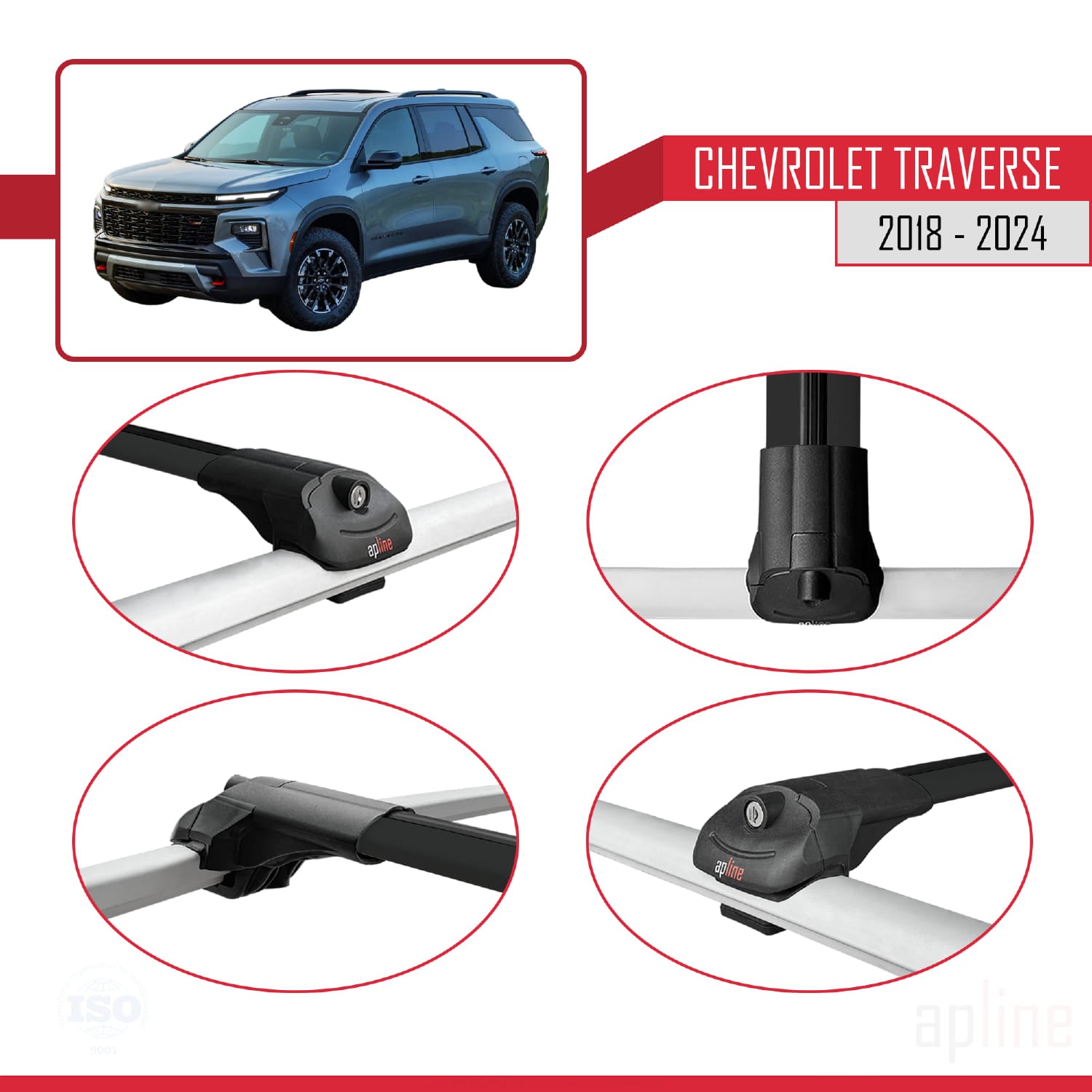 Compatible avec Chevrolet Traverse 2018-2024 ACE-1 Barres de Toit Railing Porte-Bagages de Voiture Noir Aluminium 2 Barres