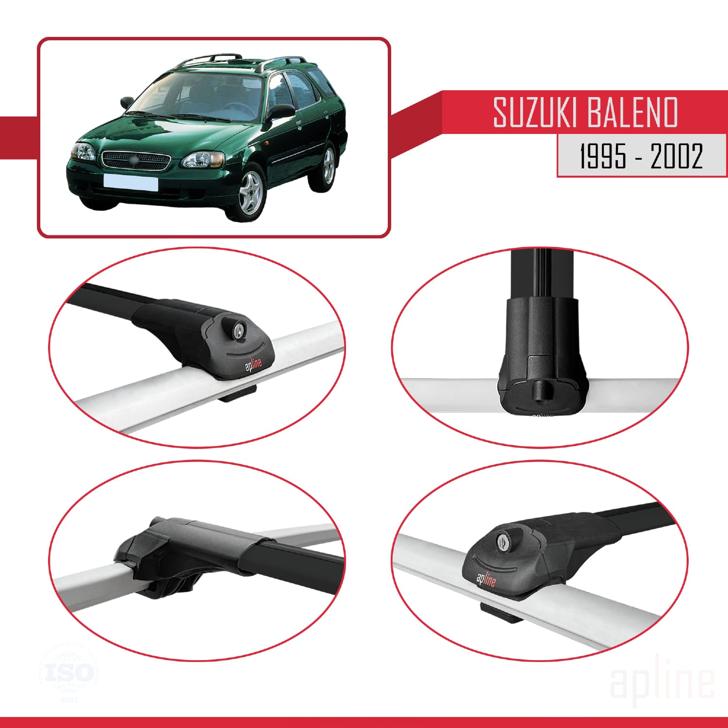 Compatible avec Suzuki Baleno 1995-2002 ACE-1 Barres de Toit Railing Porte-Bagages de Voiture Noir Aluminium 3 Barres