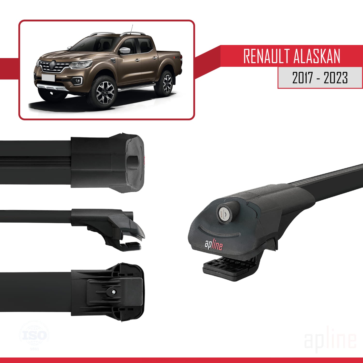 Compatible avec Renault Alaskan 2017-2023 ACE-1 Barres de Toit Railing Porte-Bagages de Voiture Noir Aluminium 3 Barres