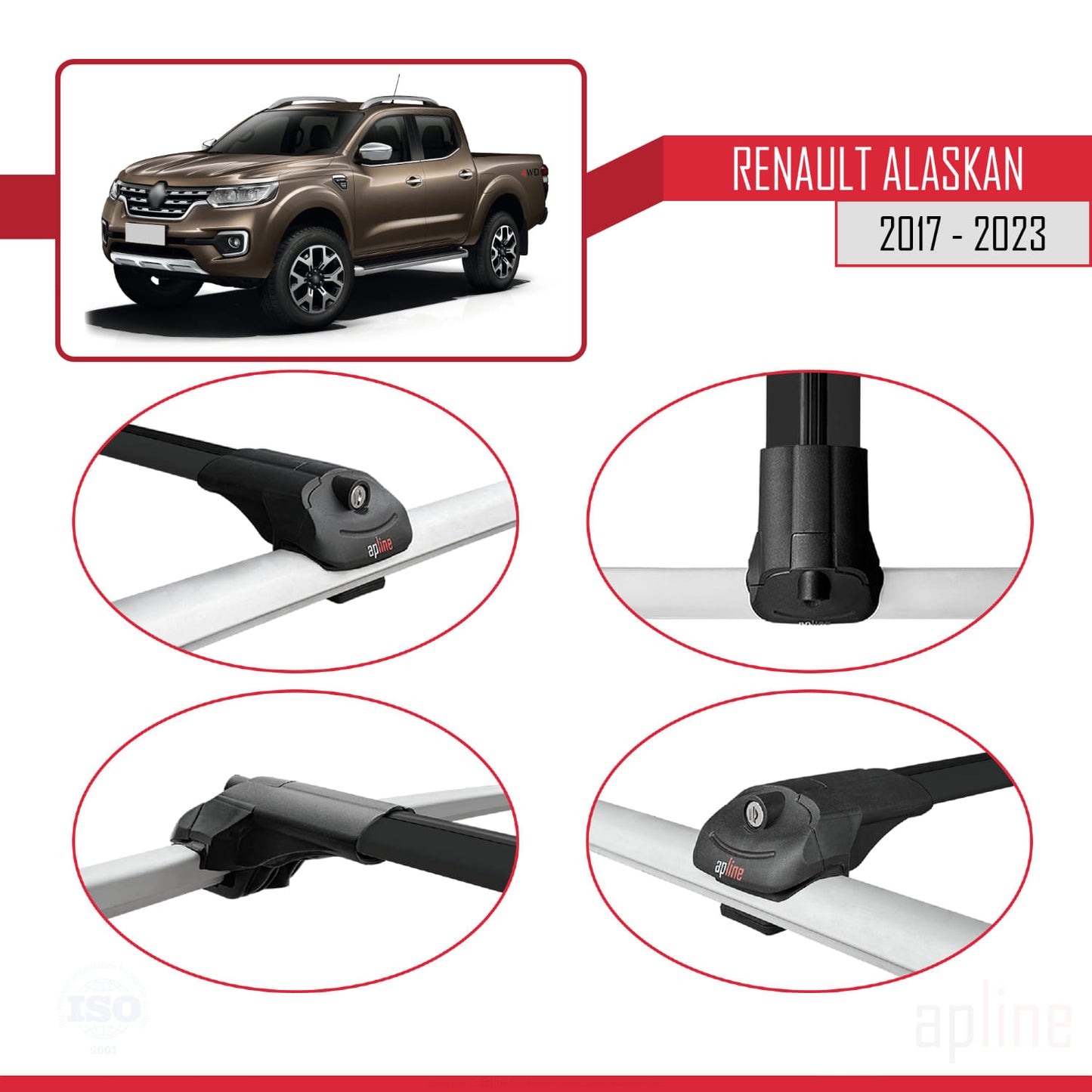Compatible avec Renault Alaskan 2017-2023 ACE-1 Barres de Toit Railing Porte-Bagages de Voiture Noir Aluminium 3 Barres