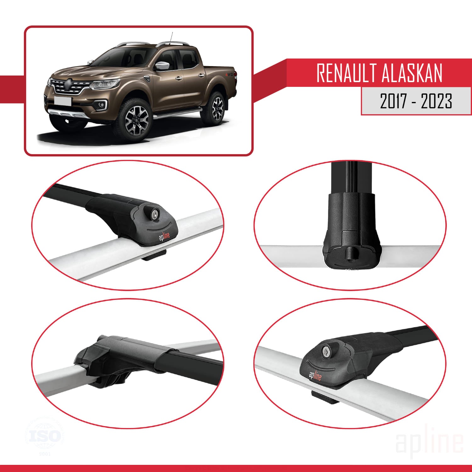 Compatible avec Renault Alaskan 2017-2023 ACE-1 Barres de Toit Railing Porte-Bagages de Voiture Noir Aluminium 2 Barres