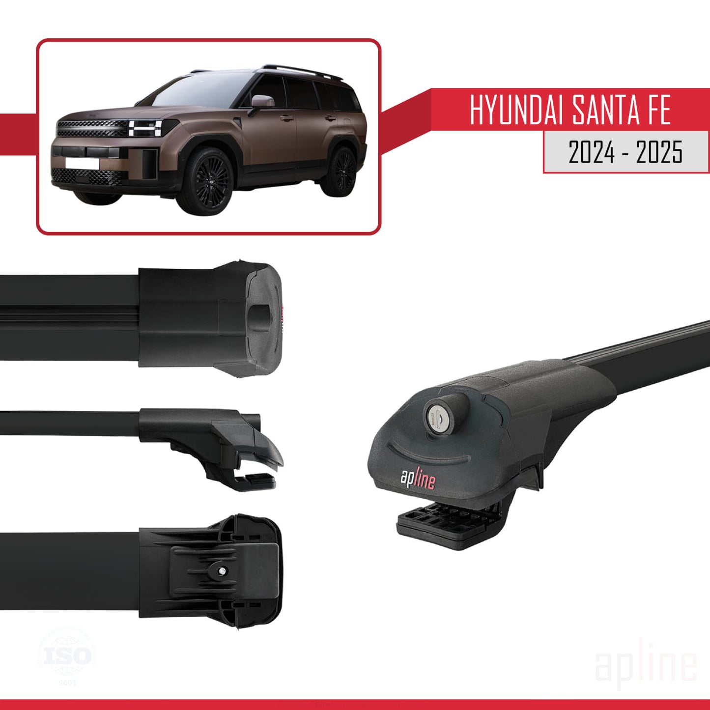 Compatible avec Hyundai Santa Fe 2024-2025 ACE-1 Barres de Toit Railing Porte-Bagages de Voiture Noir Aluminium 3 Barres