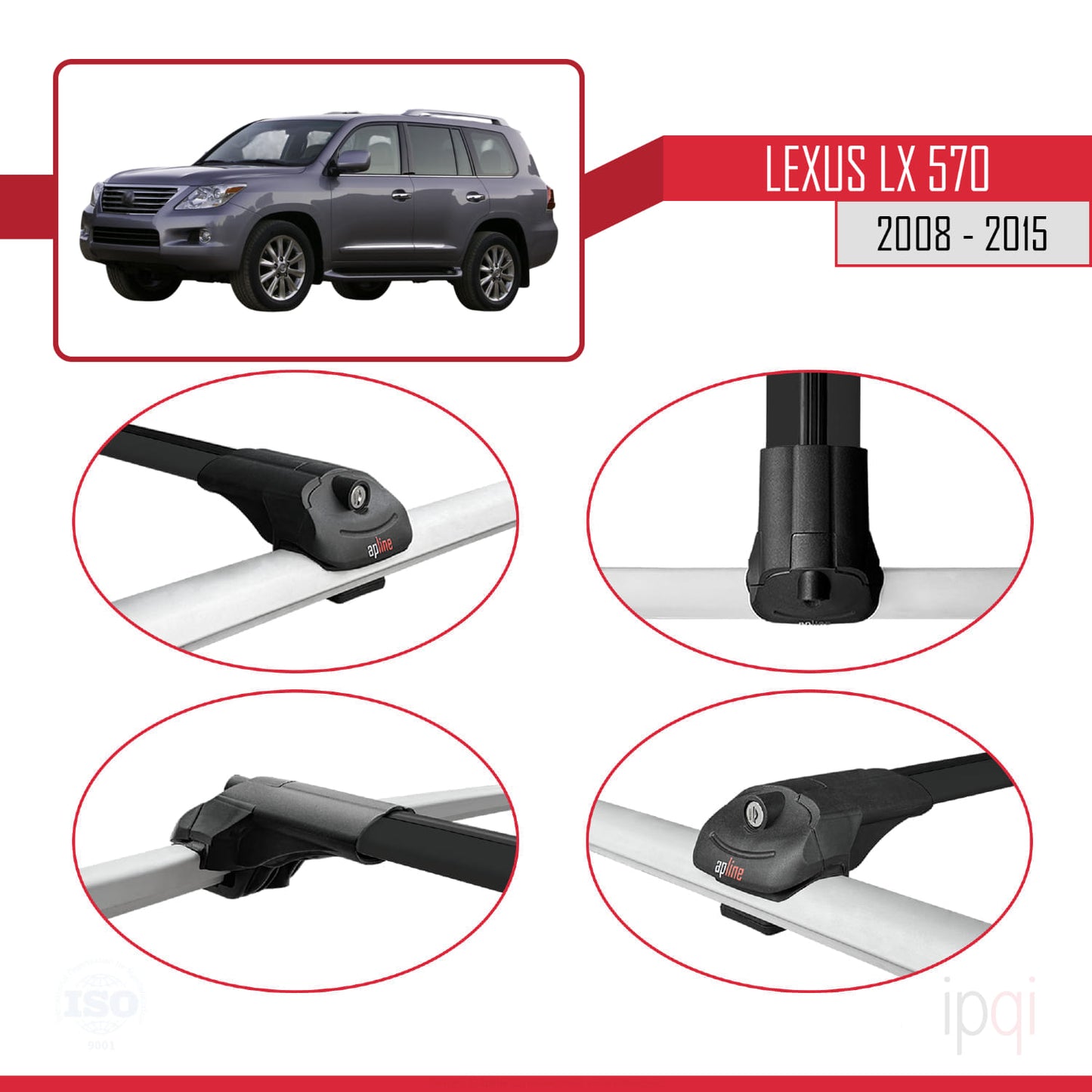 Compatible avec Lexus LX 570 2008-2015 ACE-1 Barres de Toit Railing Porte-Bagages de Voiture Noir Aluminium 2 Barres
