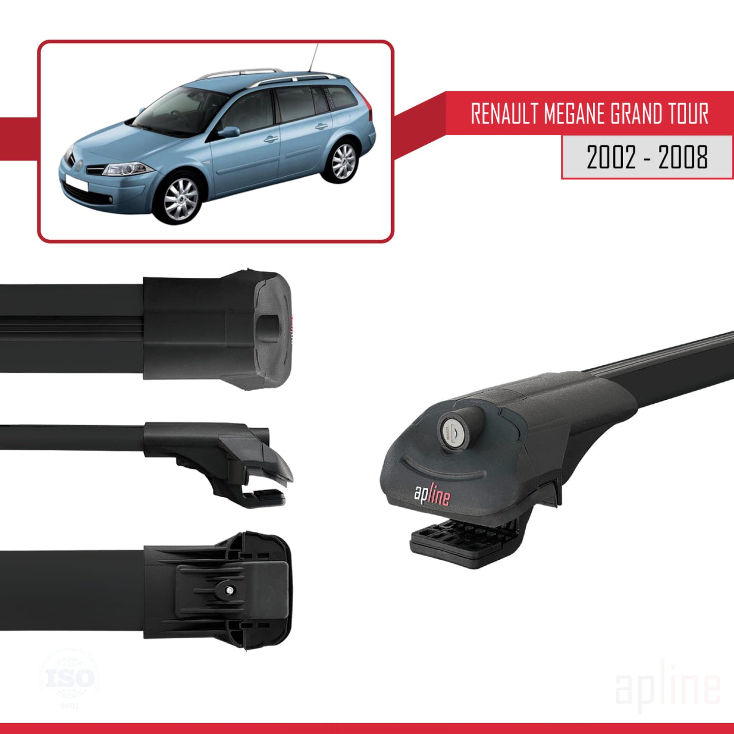 Compatible avec Renault Megane Grand Tour 2002-2008 ACE-1 Barres de Toit Railing Porte-Bagages de Voiture Noir Aluminium 3 Barres