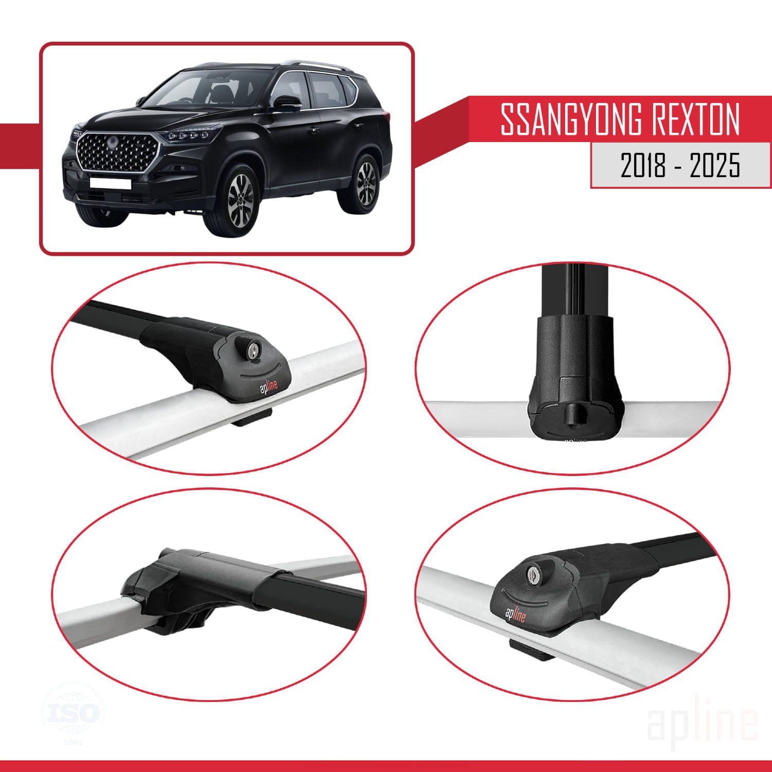 Compatible avec SsangYong Rexton 2018-2025 ACE-1 Barres de Toit Railing Porte-Bagages de Voiture Noir Aluminium 2 Barres