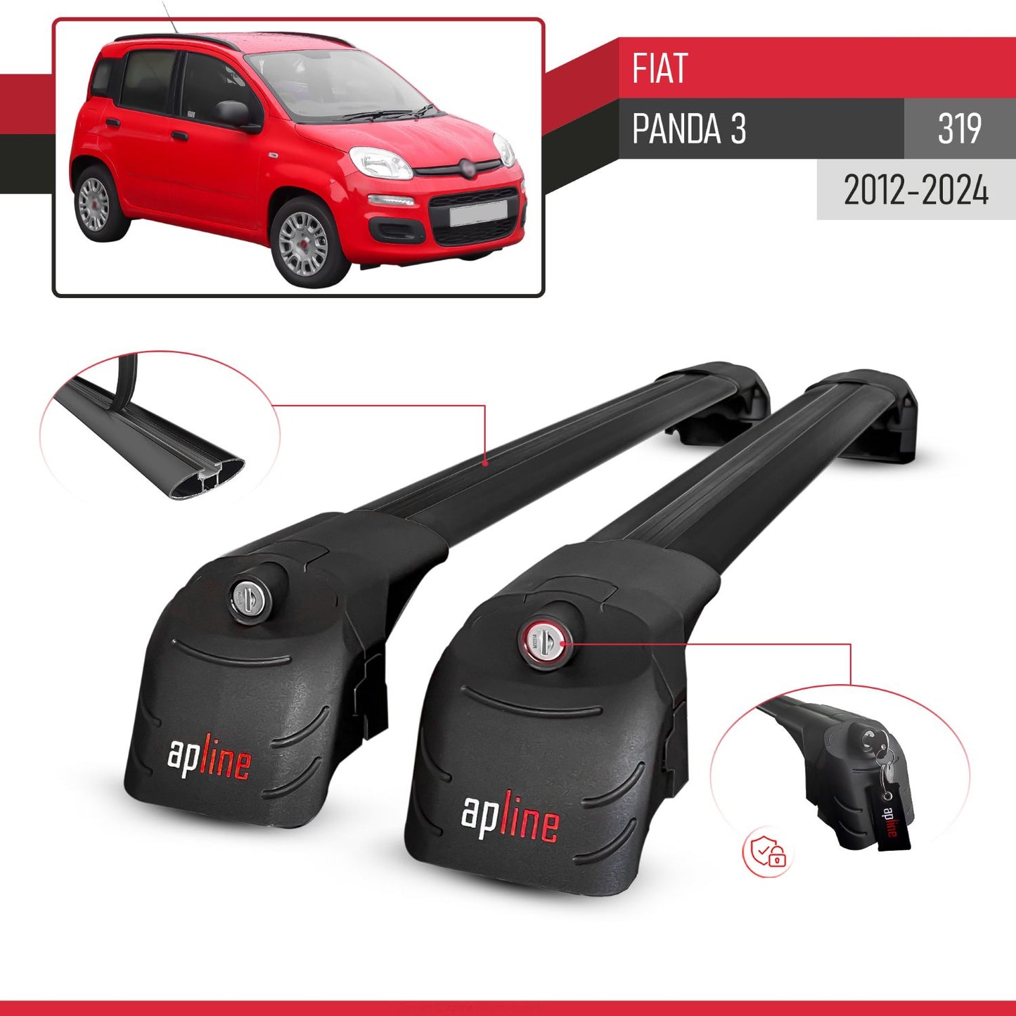 Compatible avec Fiat Panda 3 (319) 2012-2024 ACE-2 modèle Barres de Toit Railing Porte-Bagages de Voiture Noir Aluminium Barres