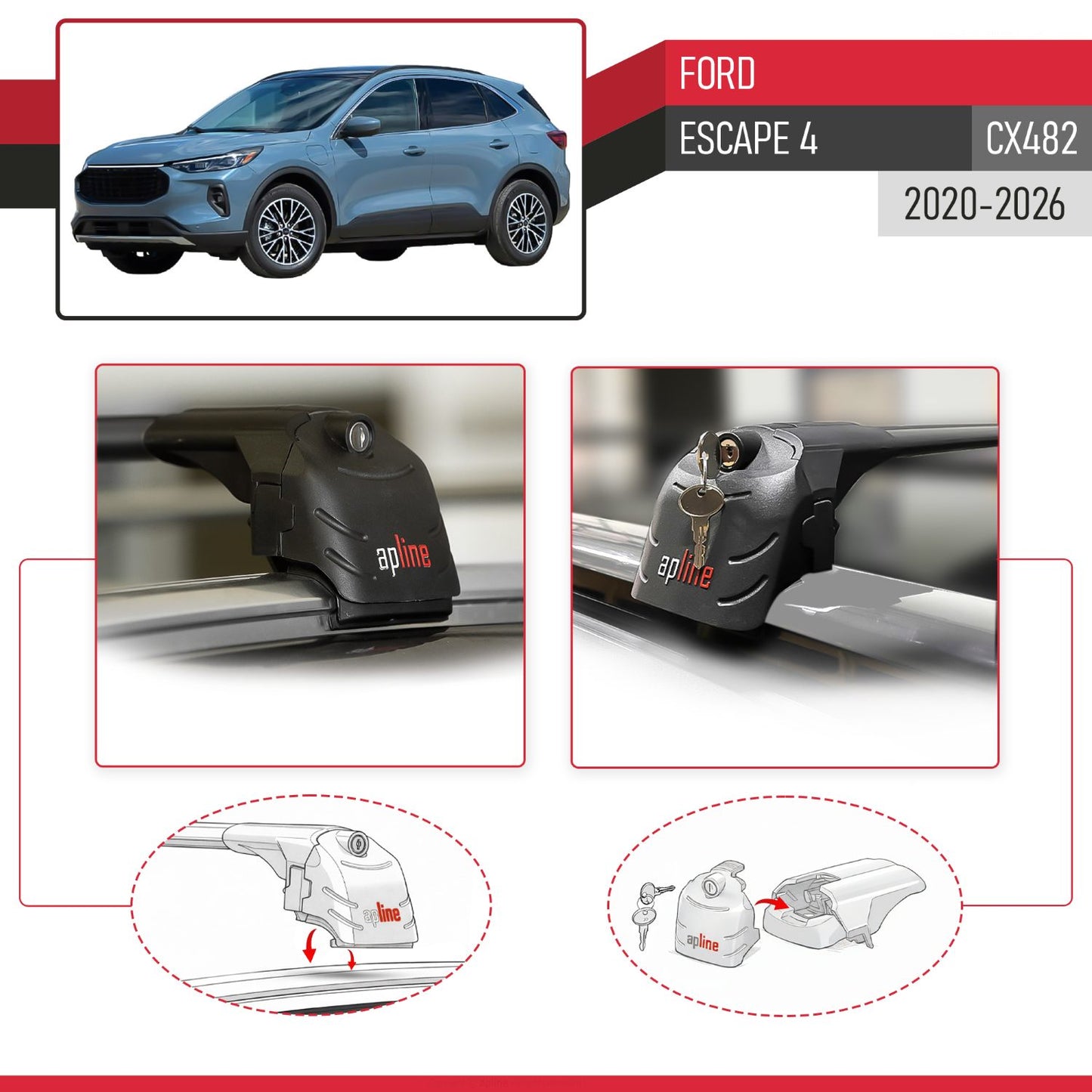 Compatible avec Ford Escape 4 (CX482) 2020-2026 ACE-2 modèle Barres de Toit Railing Porte-Bagages de Voiture Noir Aluminium Barres