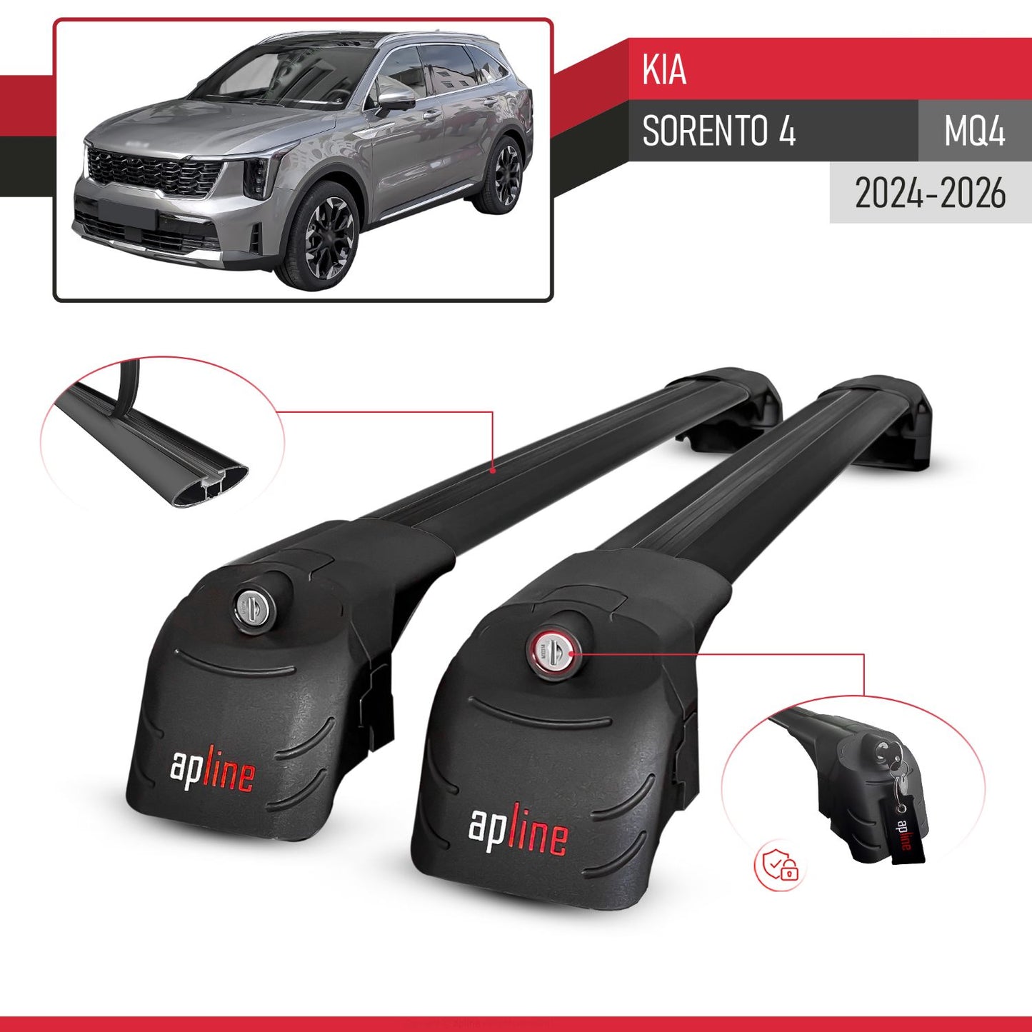 Compatible avec Kia Sorento 4 (MQ4) Post-Facelift 2024-2026 ACE-2 modèle Barres de Toit Railing Porte-Bagages de Voiture Noir Aluminium Barres