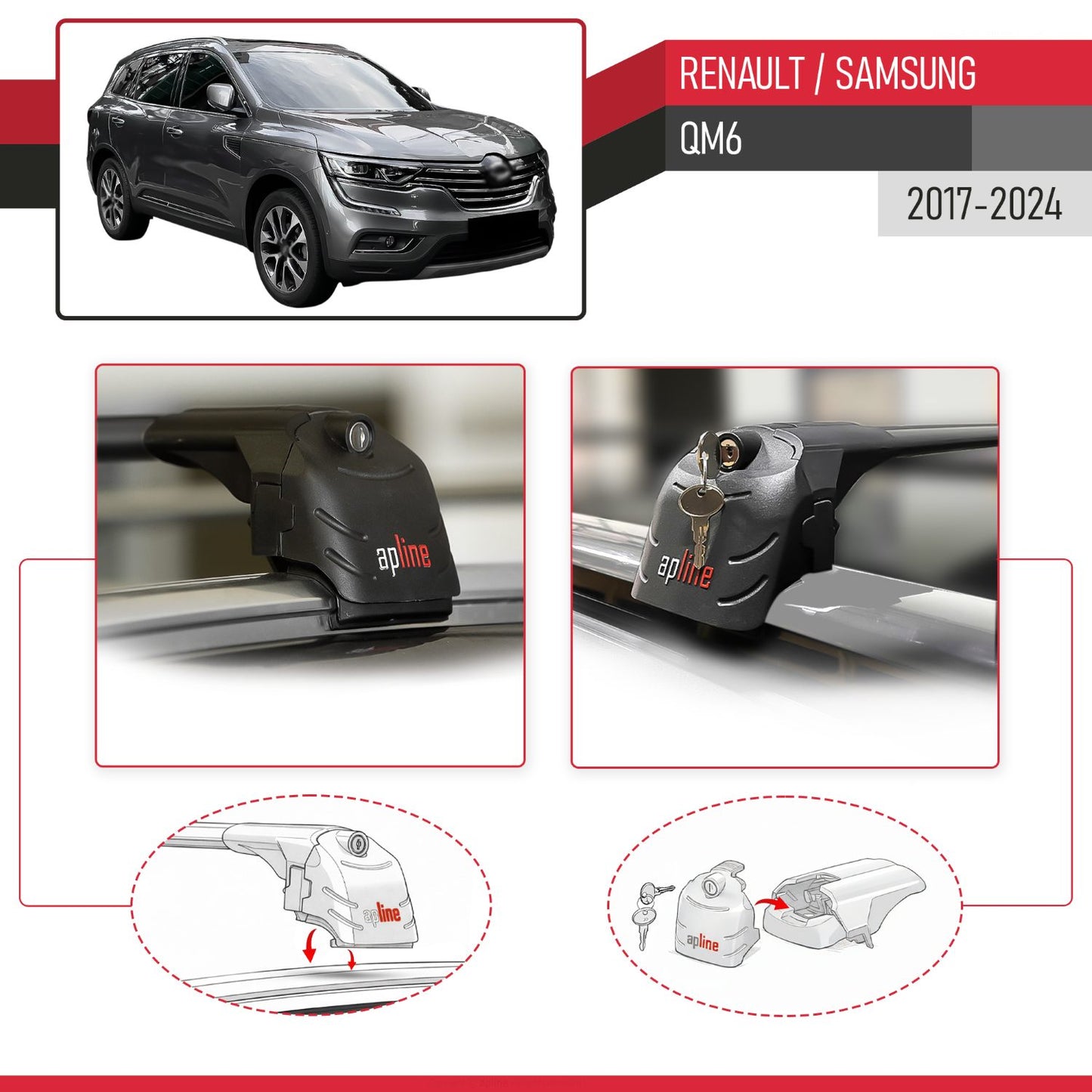 Compatible avec Renault Samsung QM6 2017-2024 ACE-2 modèle Barres de Toit Railing Porte-Bagages de Voiture Noir Aluminium Barres