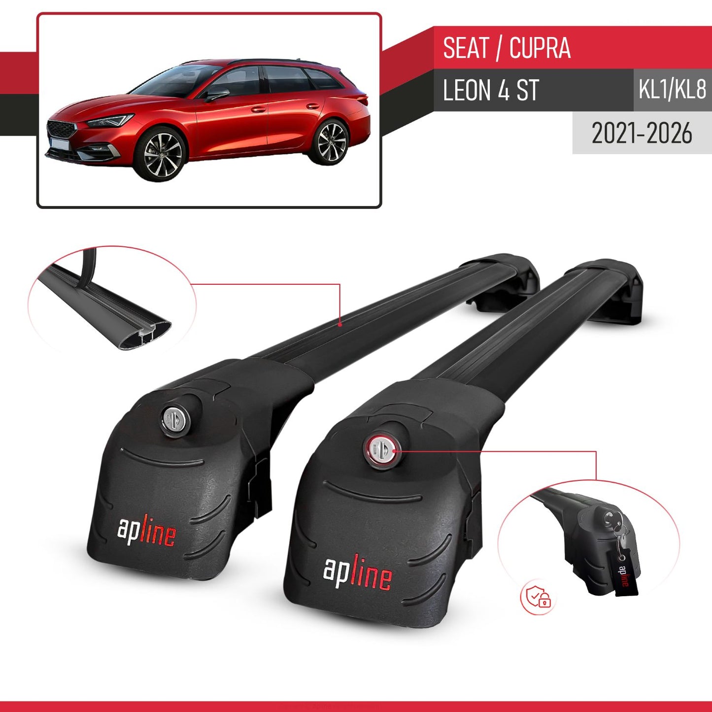 Compatible with Seat/Cupra Leon 4 ST 2021-2025 ACE-2 Car Roof Rack Cross Bar Black Aluminium 2 Bars
