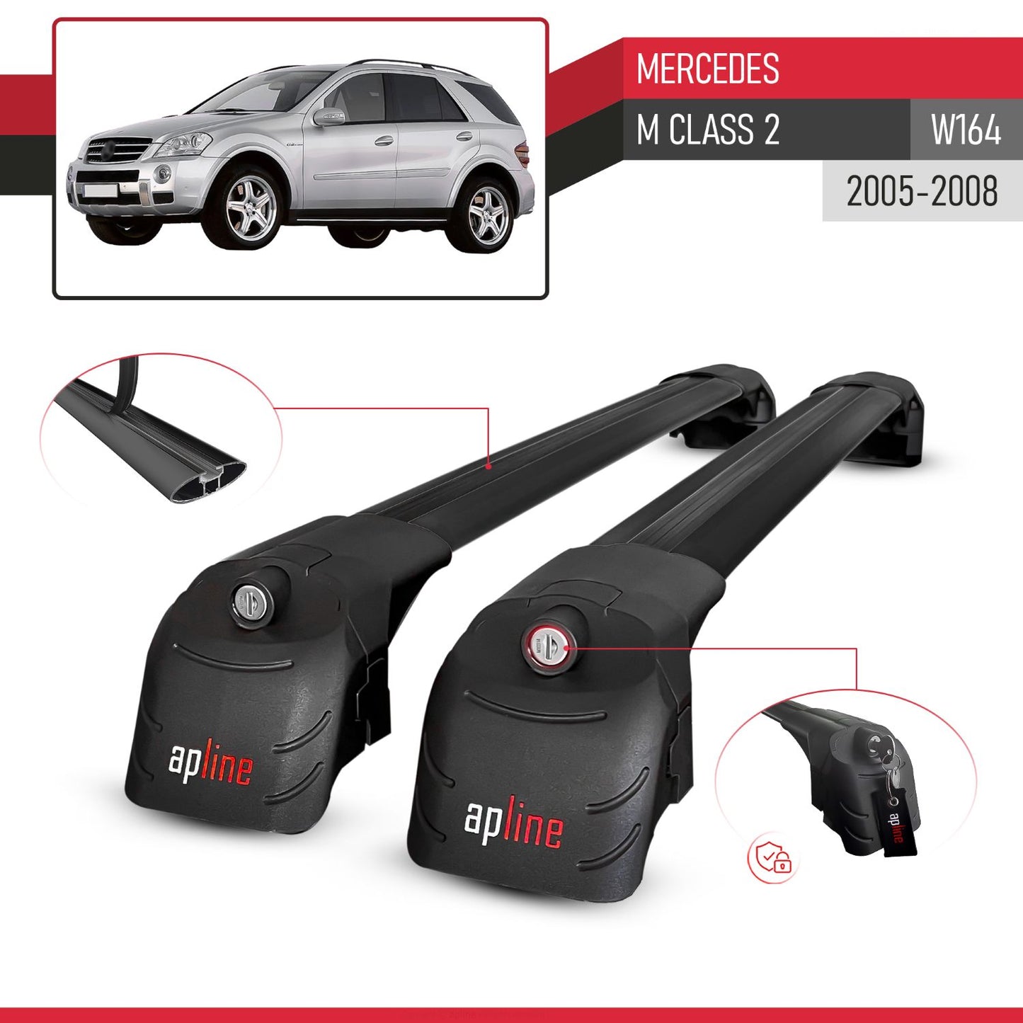 Compatible avec Mercedes M Class 2 (W164) Pre-Facelift 2005-2008 ACE-2 modèle Barres de Toit Railing Porte-Bagages de Voiture Noir Aluminium Barres