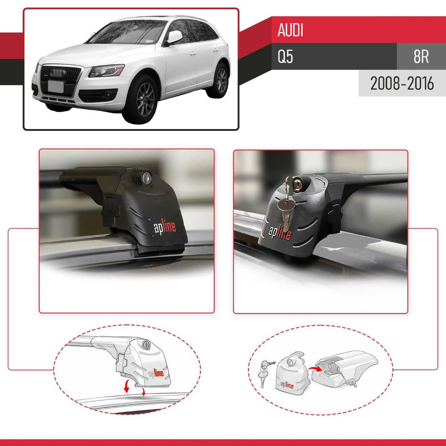 Compatible avec Audi Q5 (8R) 2008-2016 ACE-2 modèle Barres de Toit Railing Porte-Bagages de Voiture Noir Aluminium Barres