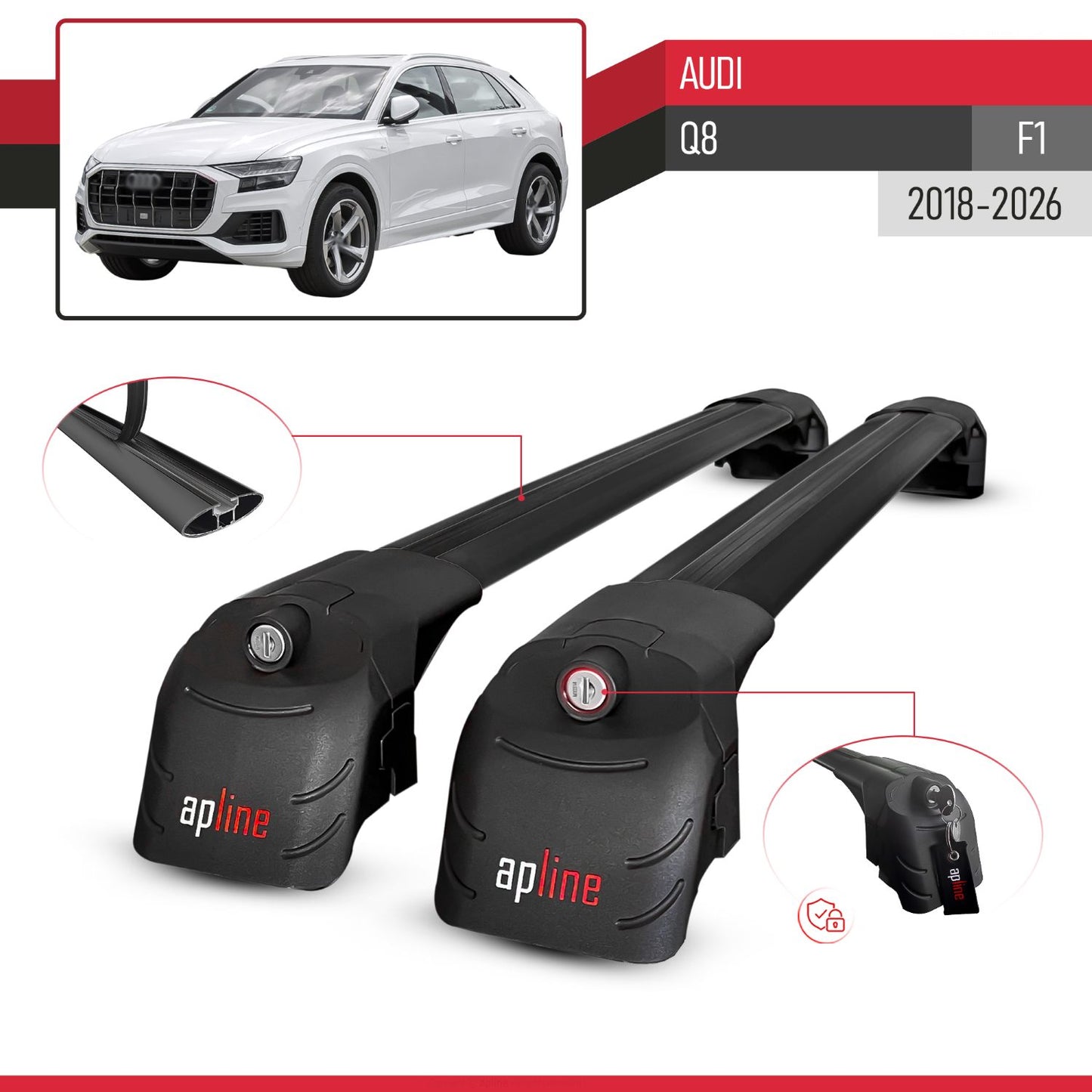 Compatible avec Audi Q8 (F1) 2018-2026 ACE-2 modèle Barres de Toit Railing Porte-Bagages de Voiture Noir Aluminium Barres