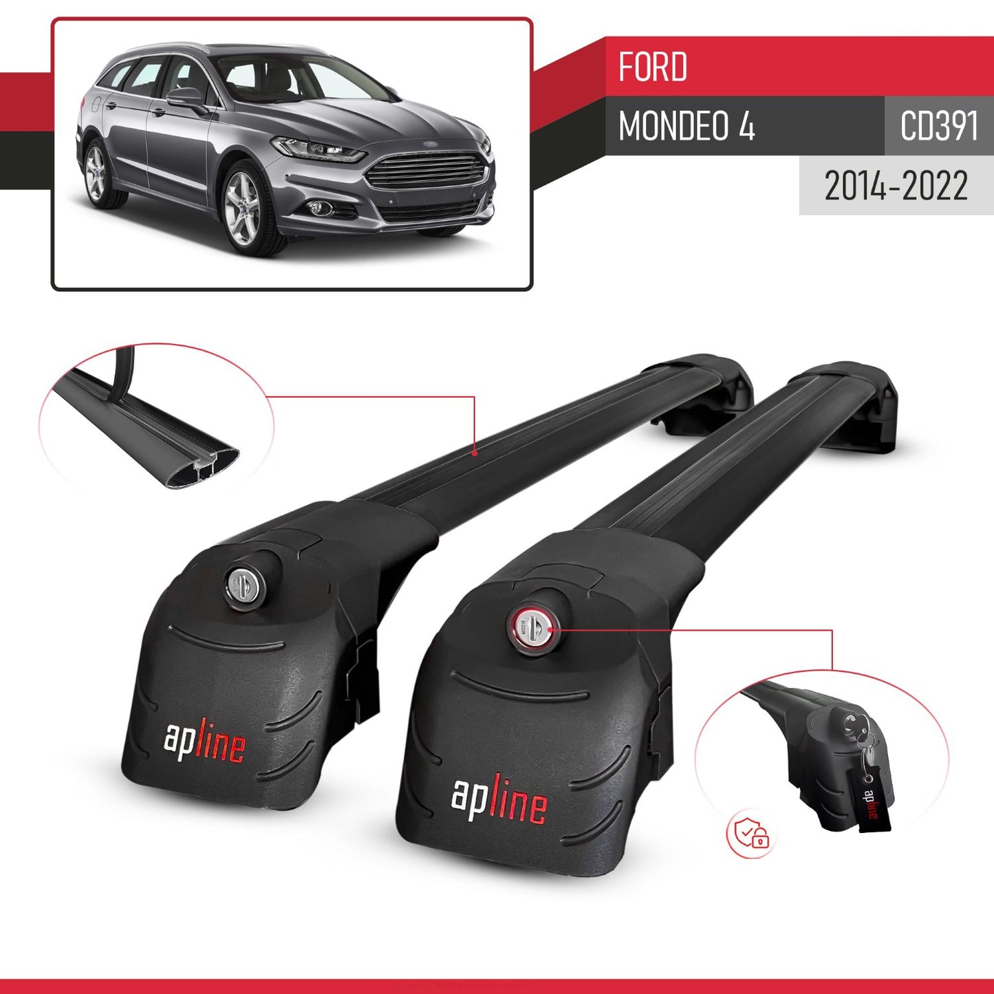 Compatible with Ford Mondeo 4 (CD391) 2014-2022 ACE-2 Car Roof Rack Cross Bar Black Aluminium 2 Bars
