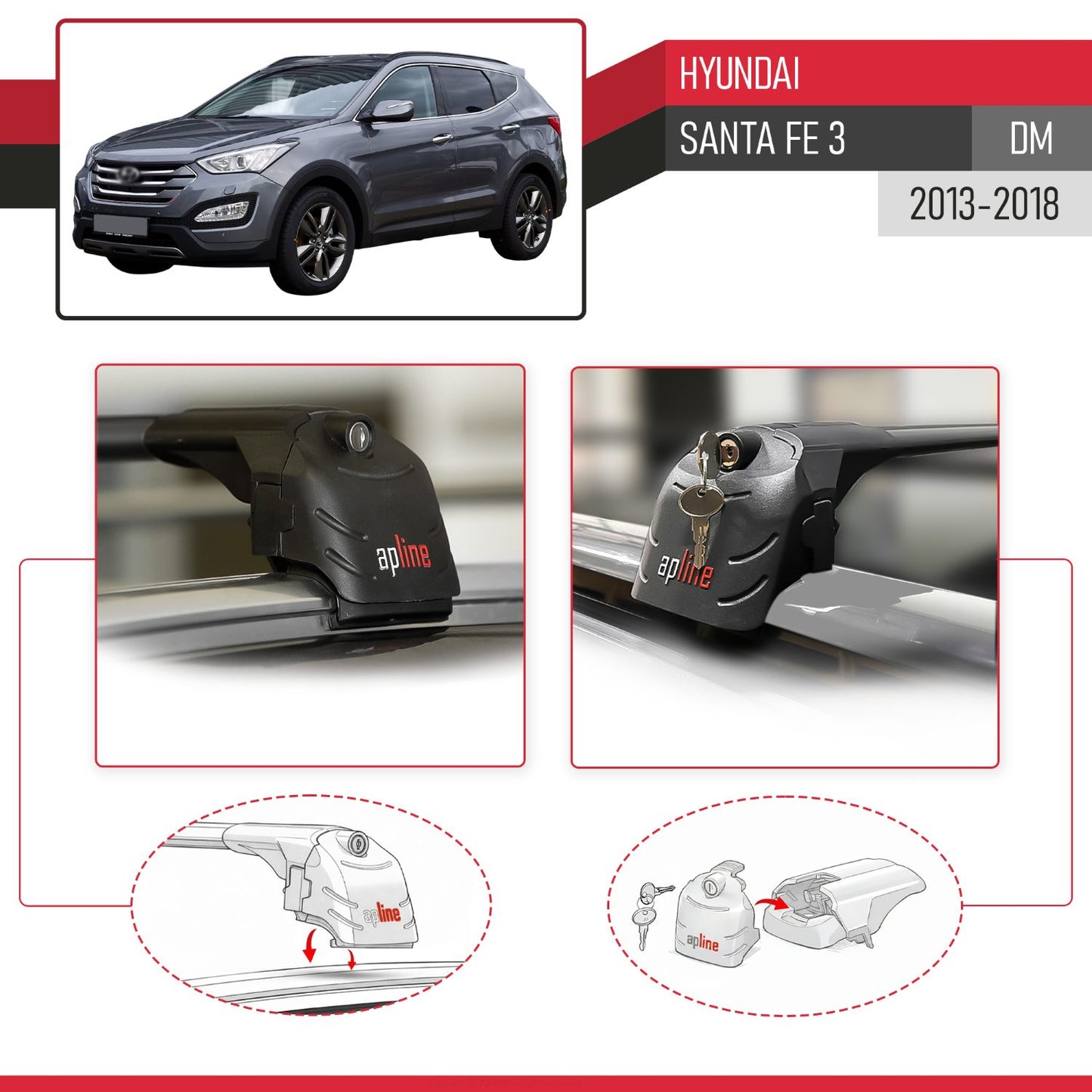 Compatible avec Hyundai Santa Fe 3 (DM) 2013-2018 ACE-2 modèle Barres de Toit Railing Porte-Bagages de Voiture Noir Aluminium Barres