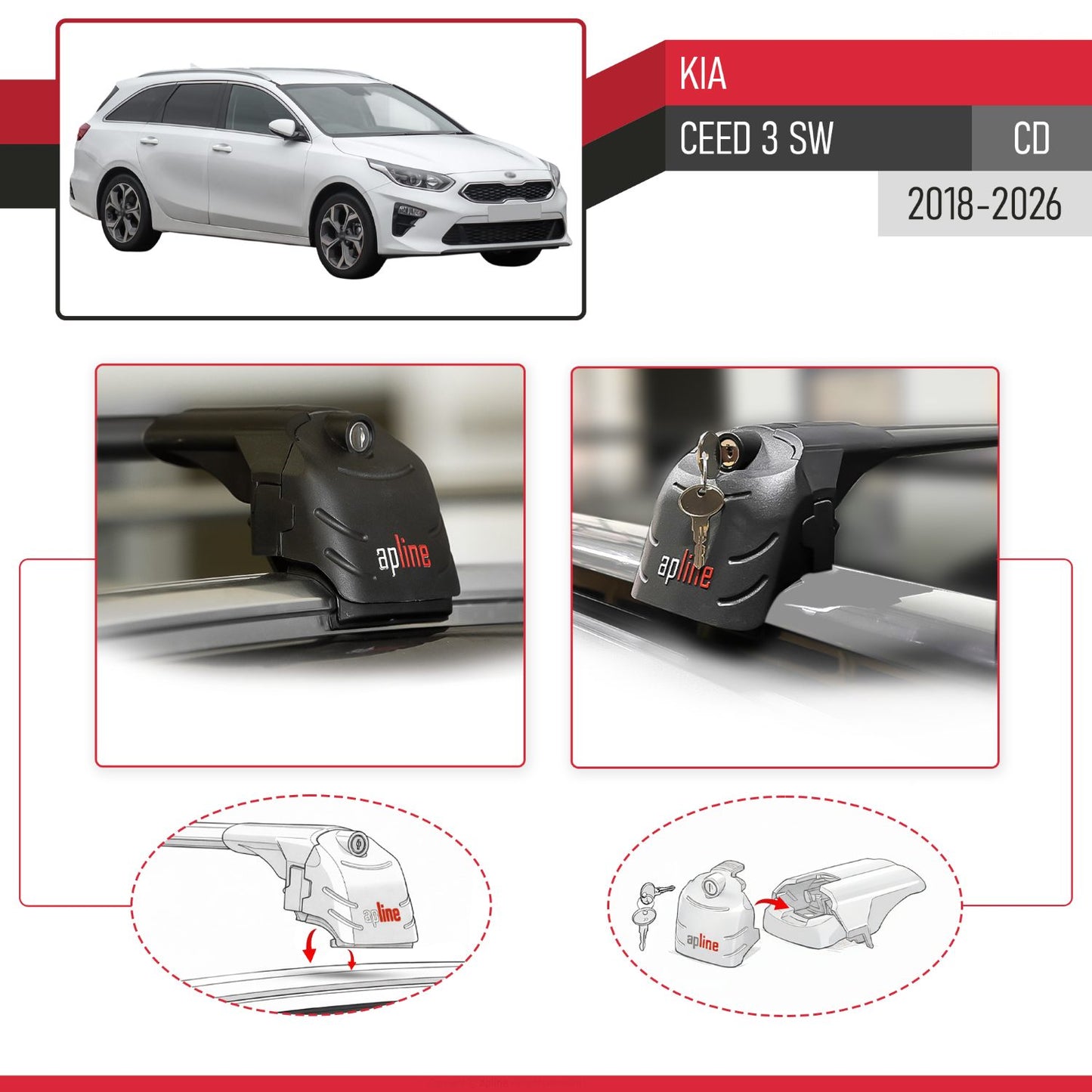 Compatible avec Kia Ceed 3 (CD) SW 2018-2026 ACE-2 modèle Barres de Toit Railing Porte-Bagages de Voiture Noir Aluminium Barres