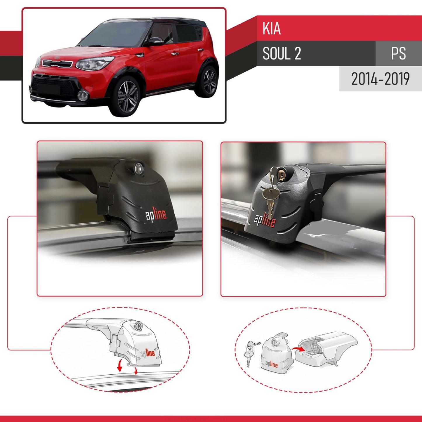 Compatible avec Kia Soul 2 (PS) 2014-2019 ACE-2 modèle Barres de Toit Railing Porte-Bagages de Voiture Noir Aluminium Barres
