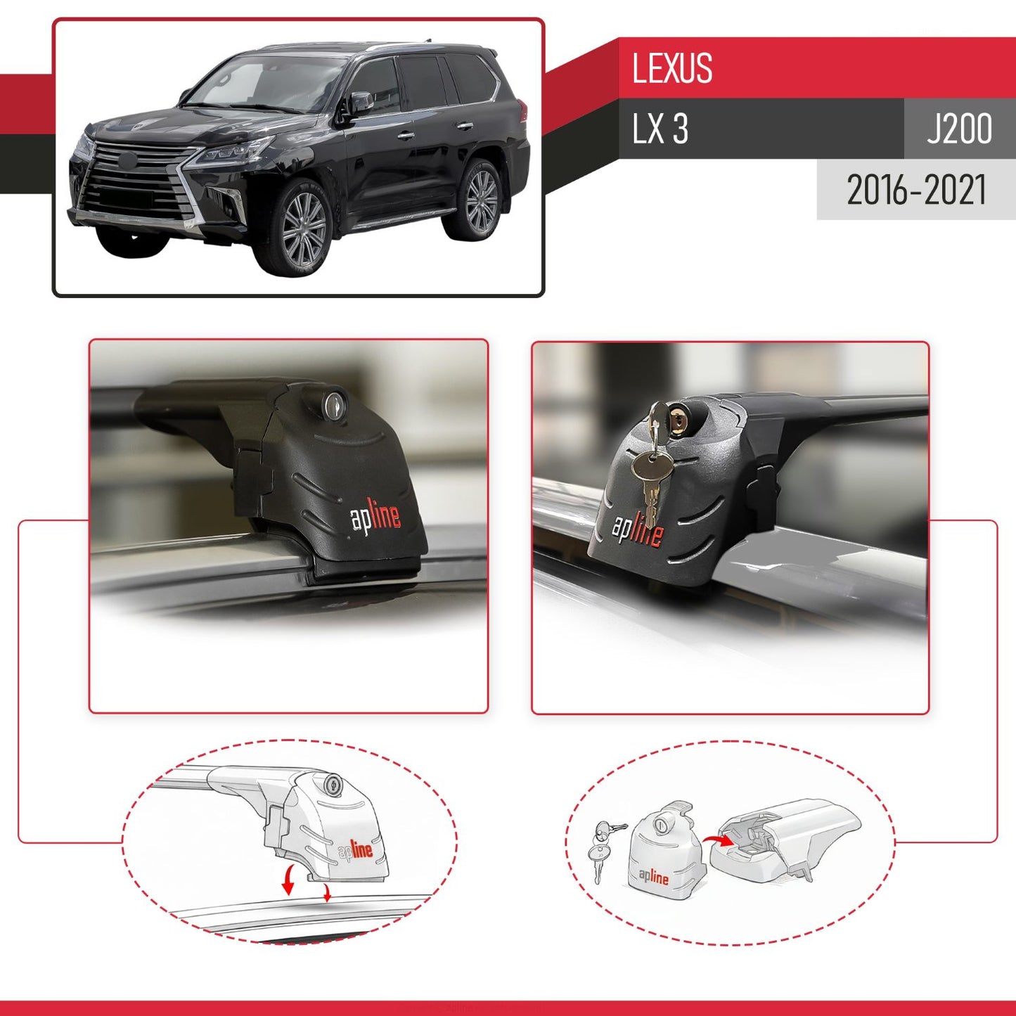 Compatible avec Lexus LX 3 (J200) 2016-2021 ACE-2 modèle Barres de Toit Railing Porte-Bagages de Voiture Noir Aluminium Barres