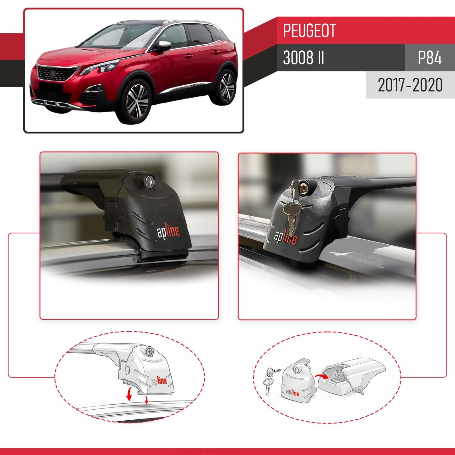 Compatible with Peugeot 3008 II (P84) Pre-Facelift 2017-2020 ACE-2 Car Roof Rack Cross Bar Black Aluminium 2 Bars