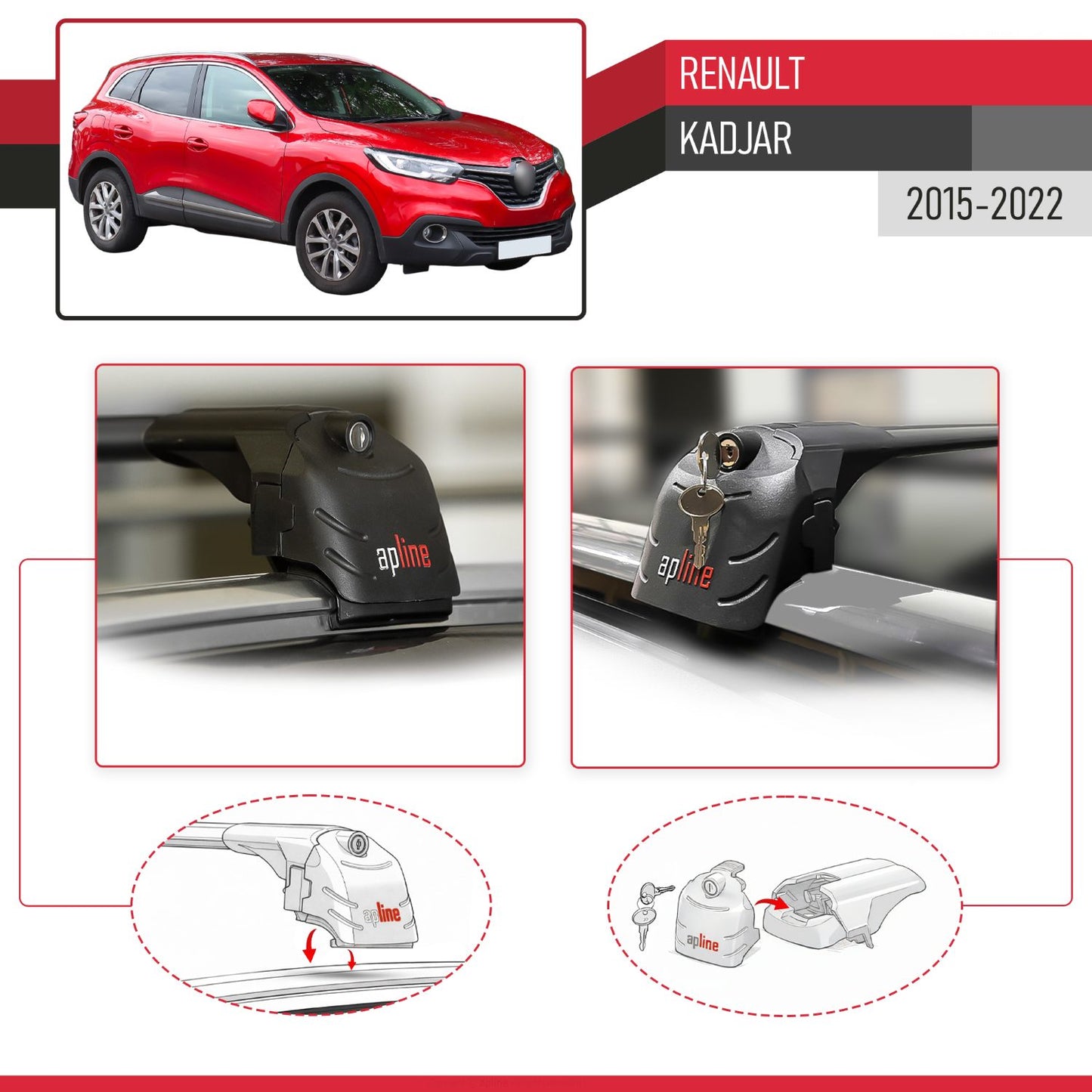 Compatible avec Renault Kadjar 2015-2022 ACE-2 modèle Barres de Toit Railing Porte-Bagages de Voiture Noir Aluminium Barres