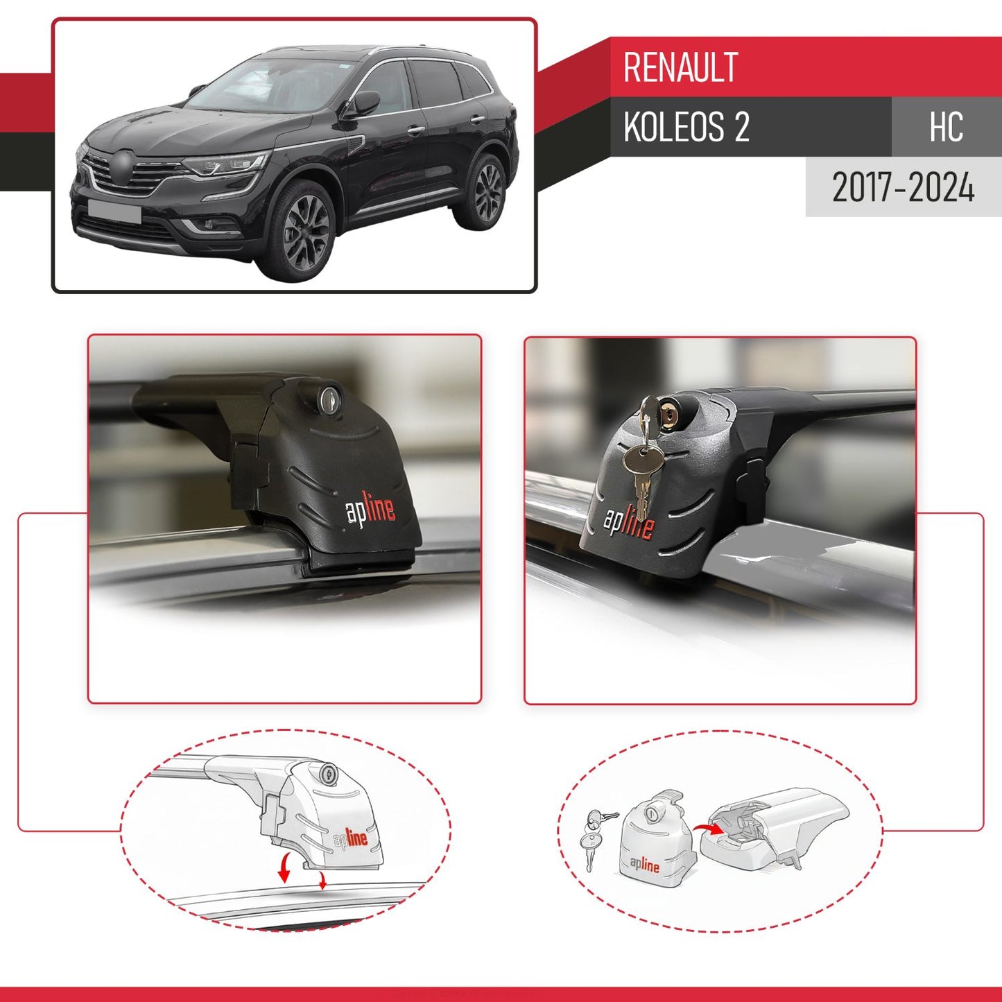 Compatible avec Renault Koleos 2 (HC) 2017-2024 ACE-2 modèle Barres de Toit Railing Porte-Bagages de Voiture Noir Aluminium Barres