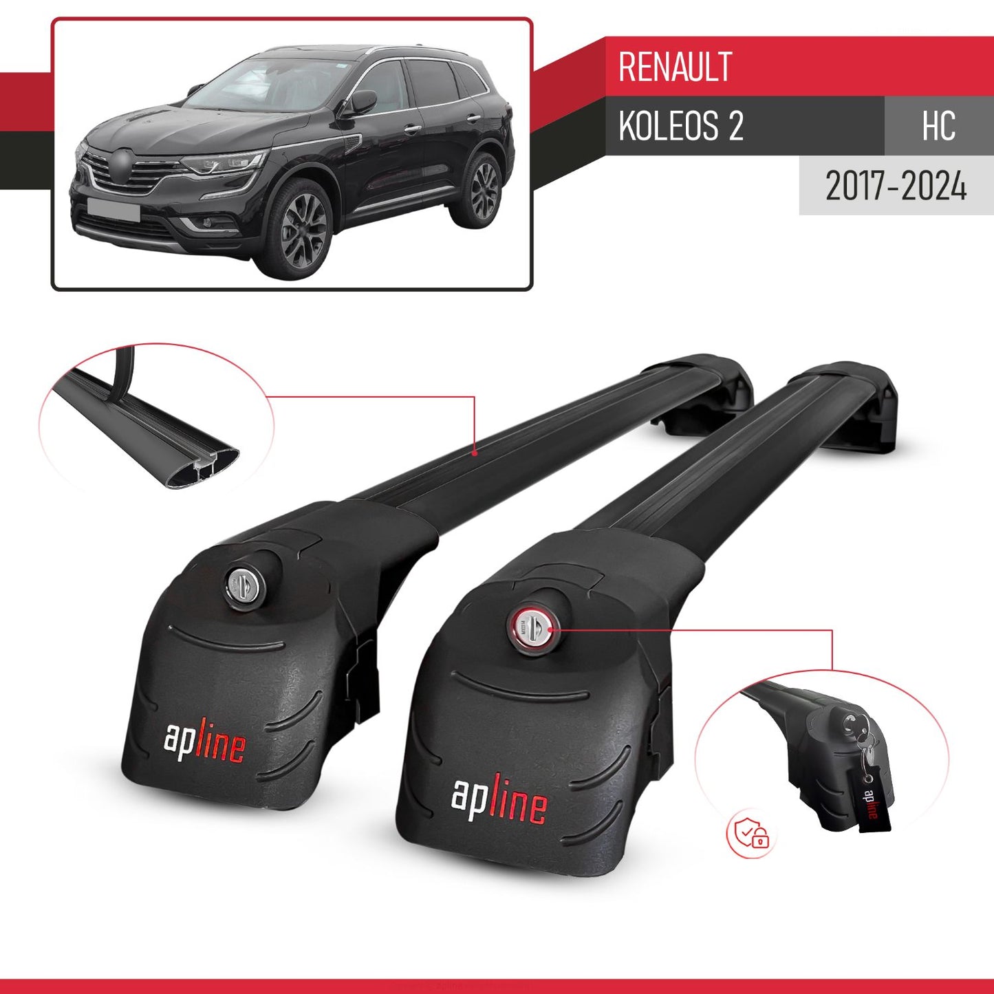 Compatible avec Renault Koleos 2 (HC) 2017-2024 ACE-2 modèle Barres de Toit Railing Porte-Bagages de Voiture Noir Aluminium Barres