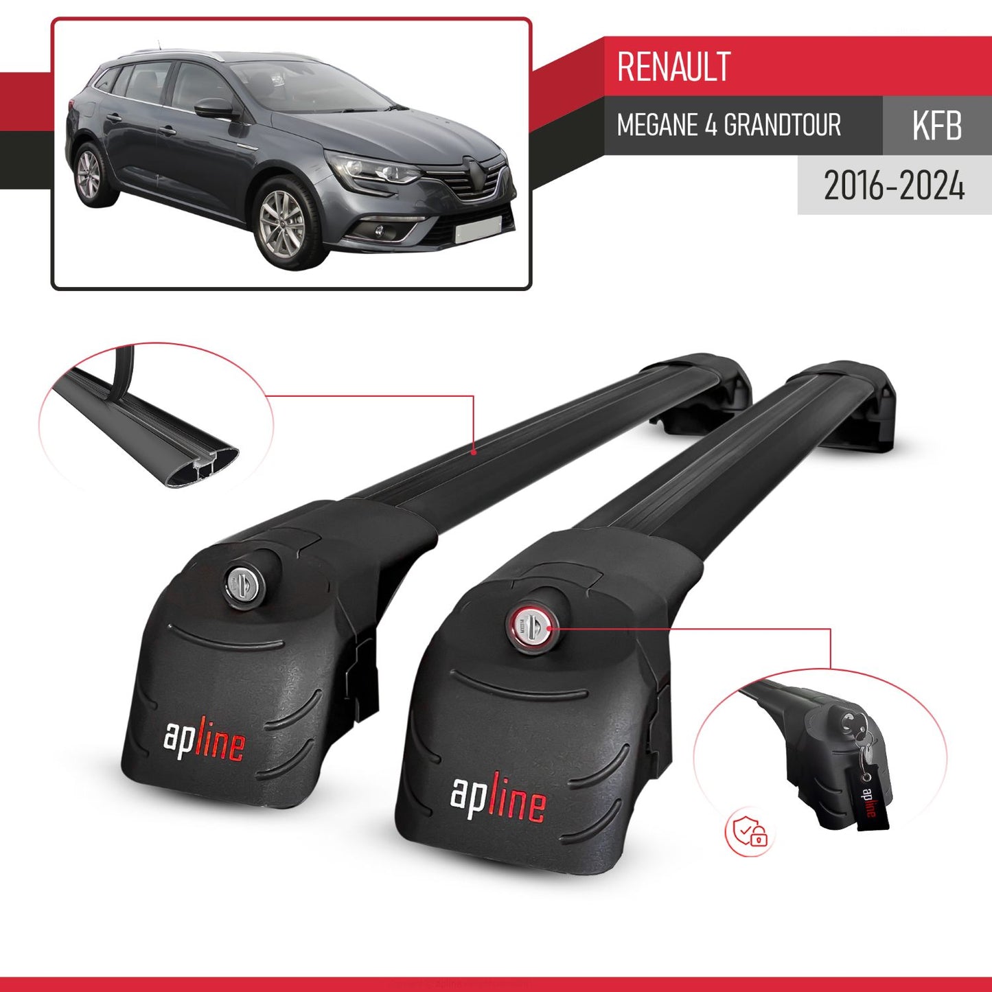 Compatible with Renault Megane 4 (KFB) Grandtour 2016-2023 ACE-2 Car Roof Rack Cross Bar Black Aluminium 2 Bars