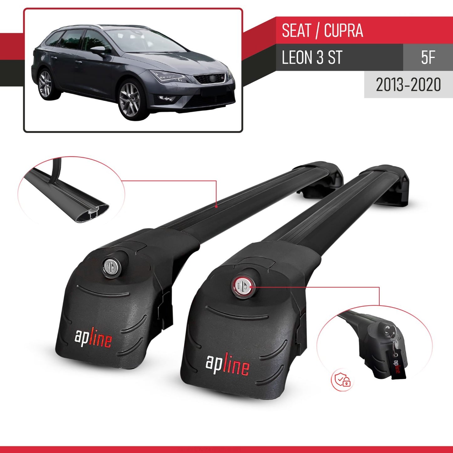 Compatible avec Seat Leon 3 (5F) Cupra ST 2013-2020 ACE-2 modèle Barres de Toit Railing Porte-Bagages de Voiture Noir Aluminium Barres