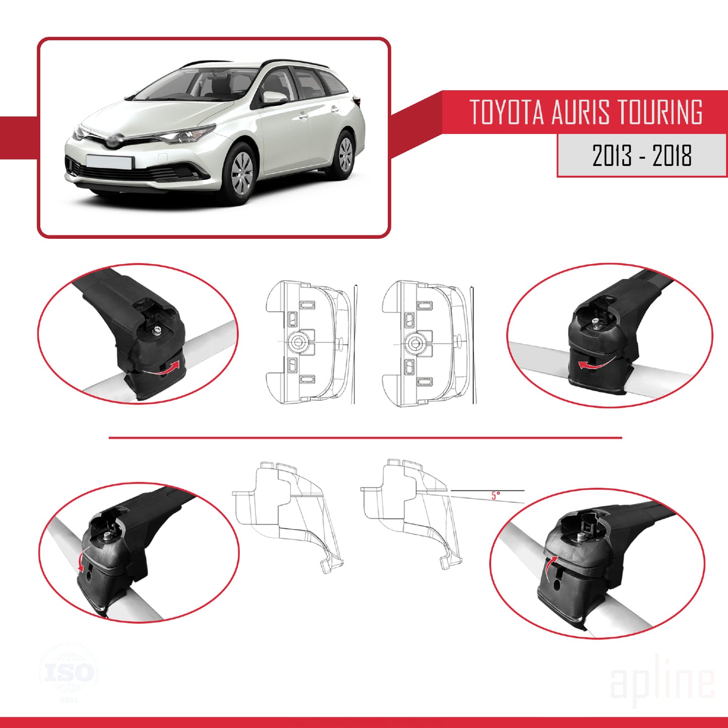 Compatible avec Toyota Auris 2 (E180) Touring Sports 2013-2018 ACE-2 Barres de Toit Railing Porte-Bagages de Voiture Noir Aluminium 2 Barres