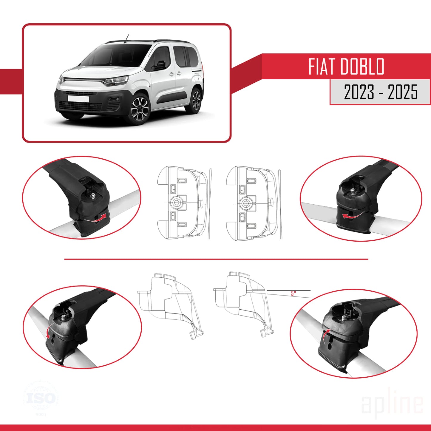 Compatible avec Fiat Doblo 3 2023-2025 ACE-2 Barres de Toit Railing Porte-Bagages de Voiture Noir Aluminium 2 Barres